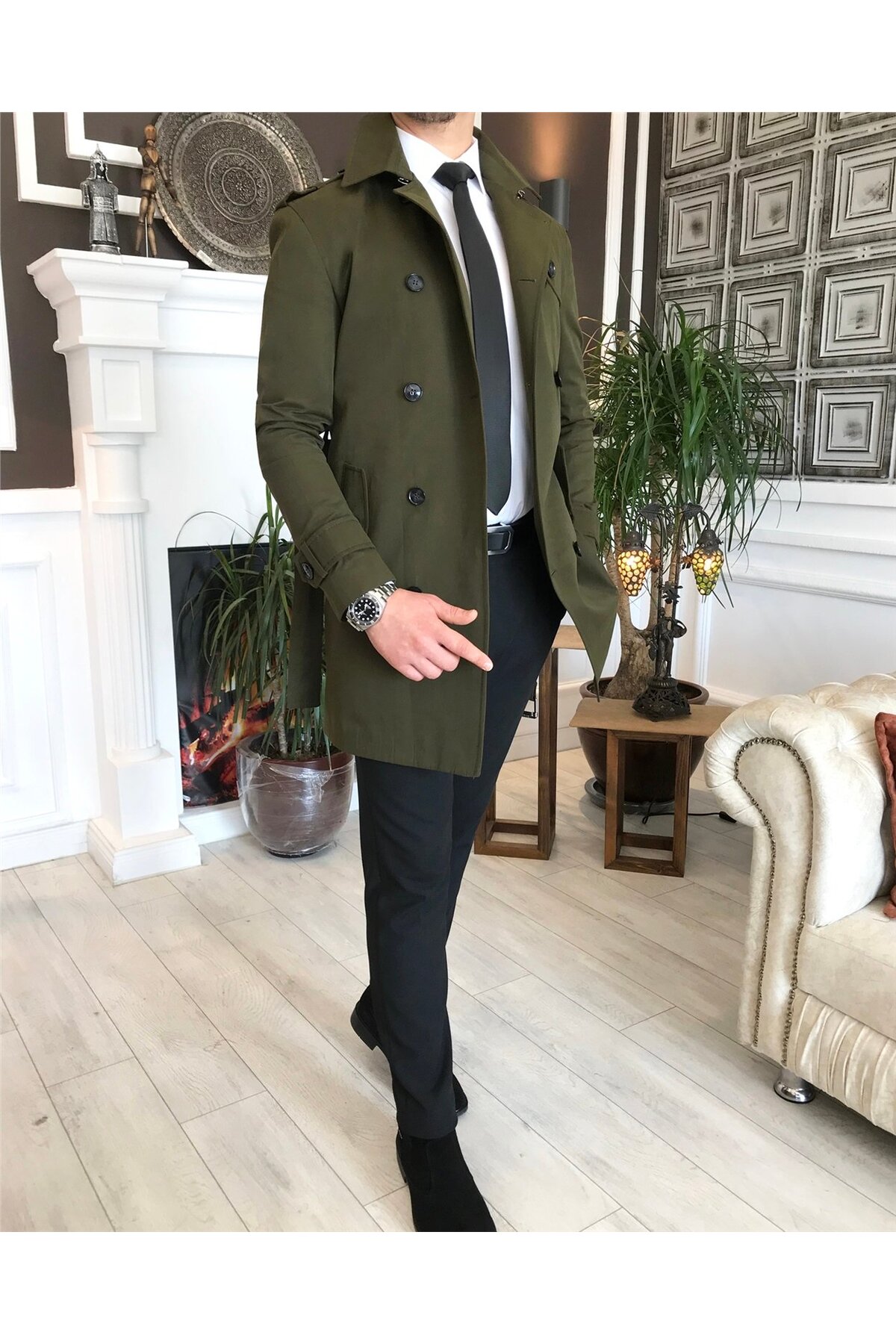 TerziAdemAltun İtalyan stil slim fit mevsimlik erkek trençkot mont Yeşil T4976 görsel 4