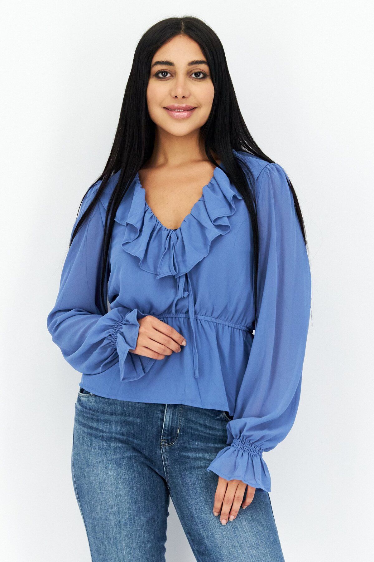 NA-KD-Women Ruffle Neck Long Sleeves Top,  Blue 1