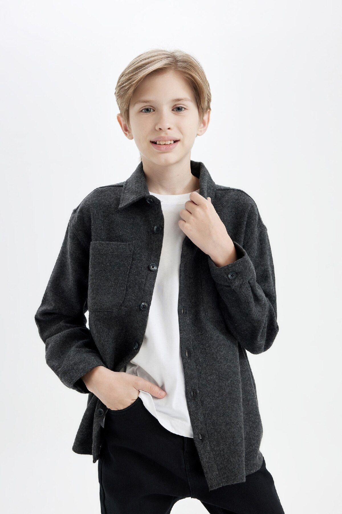 DeFacto-Boy's Anthracite Polo Collar Shirt - Long Sleeve, Wide Fit D5990A824Wn 3