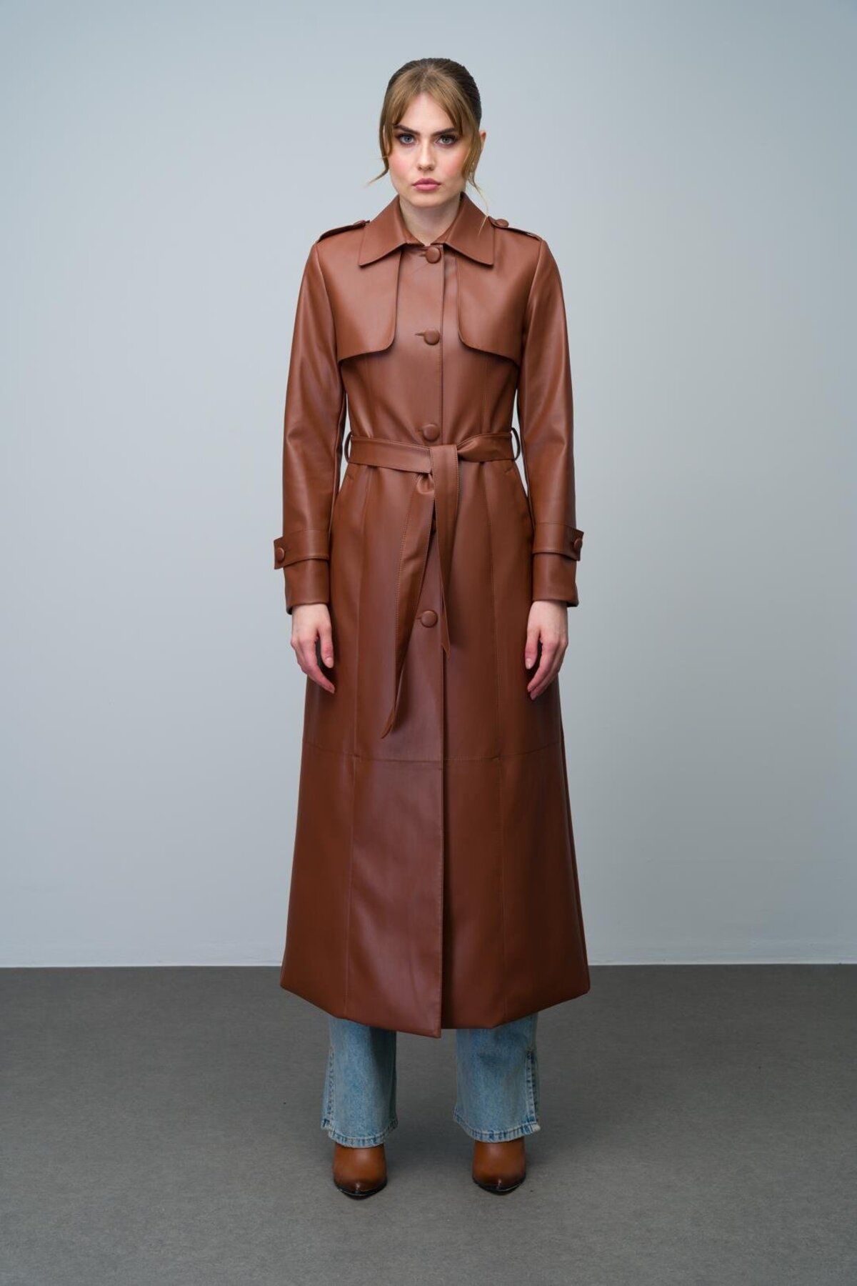 Olcay-Long Leather Trench Coat - Shirt Collar, Epaulette and Cloak Detail TABA 6607 2