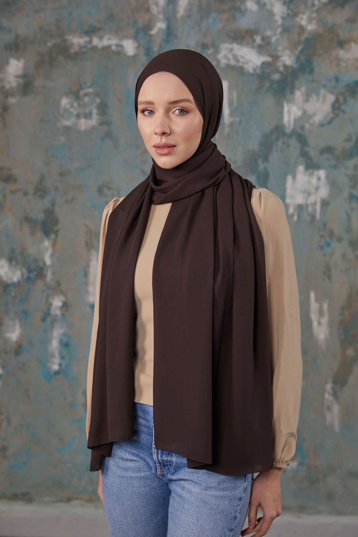 Differenza-Dark Brown Crepe Chiffon Shawl 3