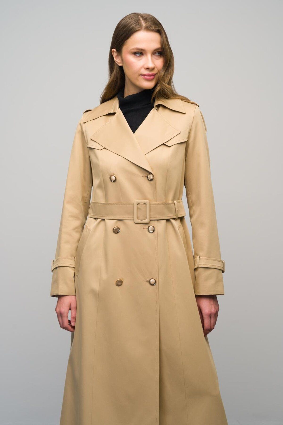 Olcay-Kamel 6617 - Double Breasted Intermediate Length Trench Coat with Epaulet and Cloak 5