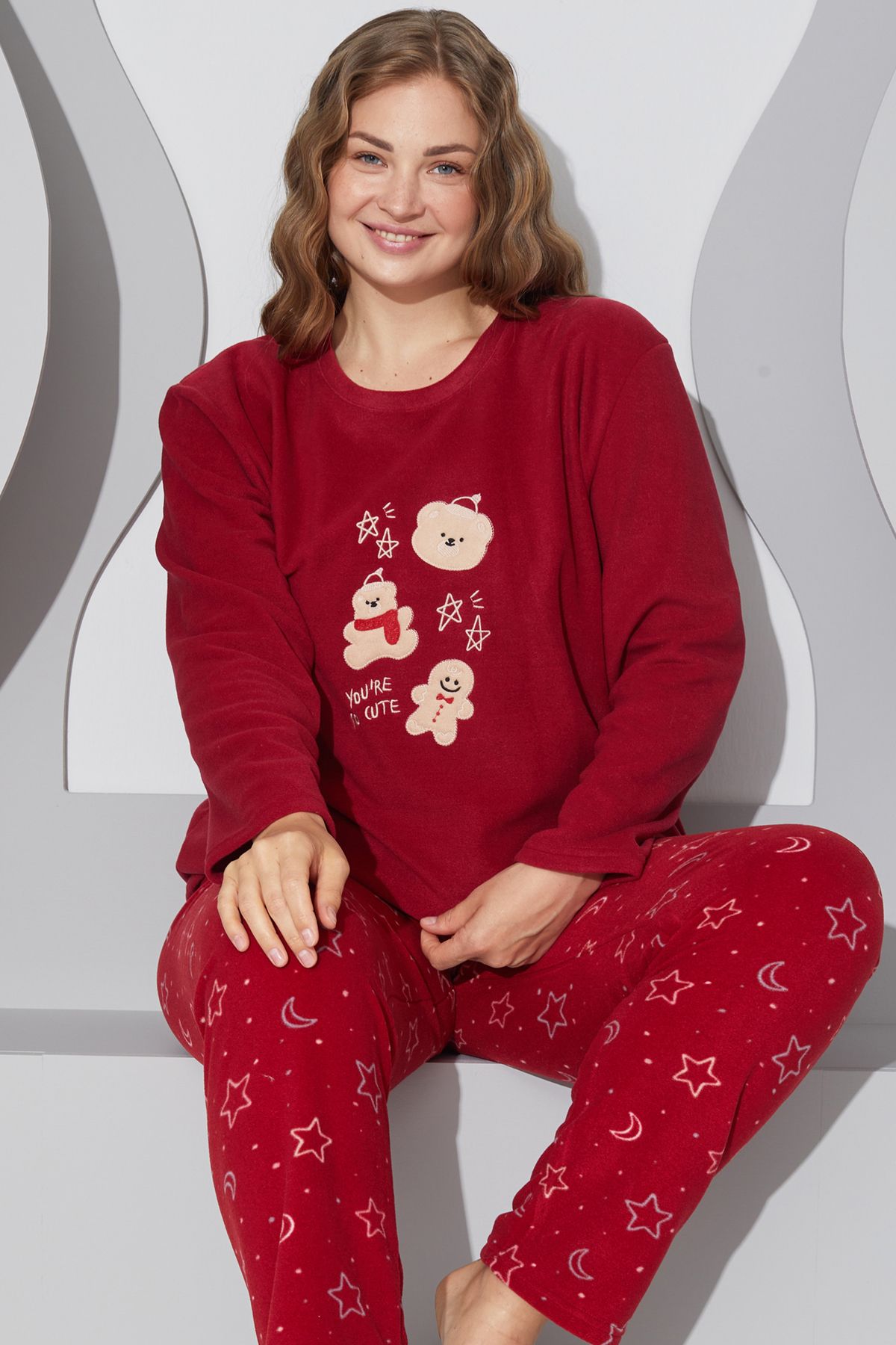 Siyah İnci-Large Size Oversize Fleece Curve Pajama Set - Embroidered, Top and Bottom Set 24222515 1
