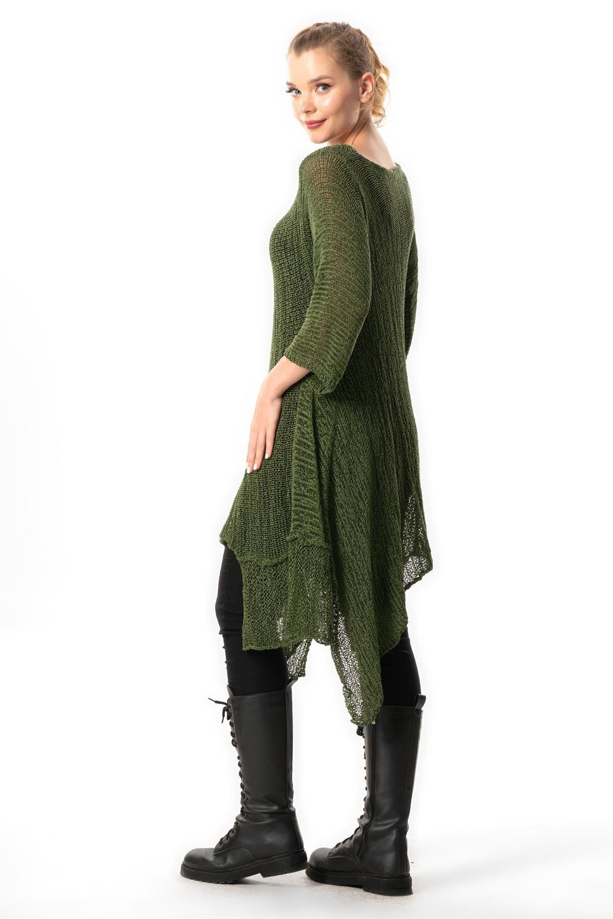 Eliş Şile Bezi-Asymmetric Cut Khaki Knitwear Tunic - Half Sleeve, Autumn and Winter - Goksu 4