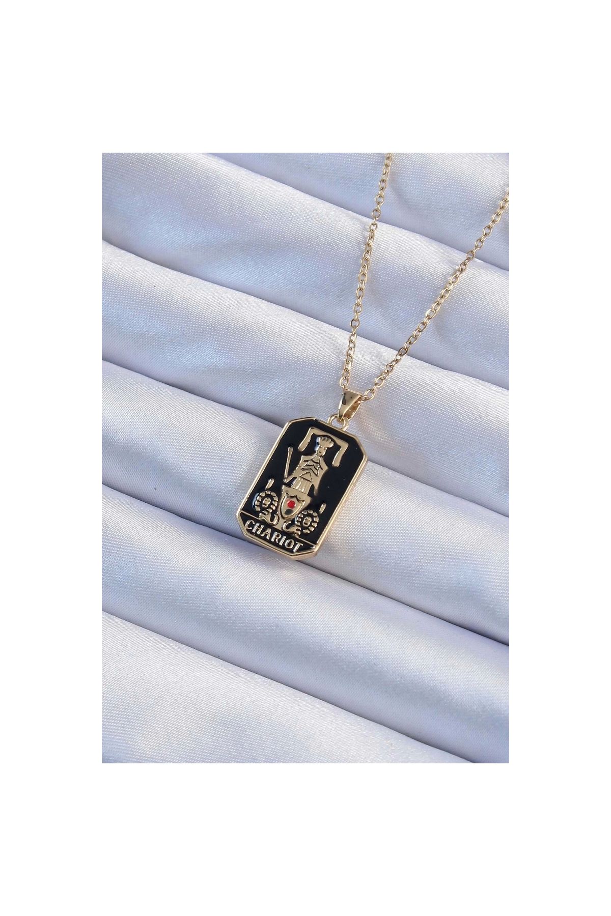 Narnuga 316L Çelik Zincir Altın Renk Siyah Mineli Tarot Kolye - TJ-BKO9247