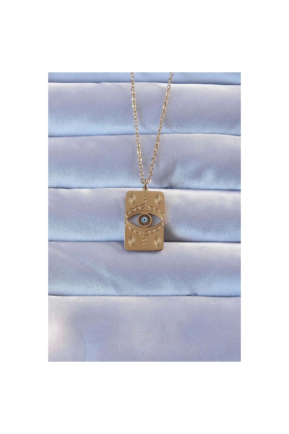 Narnuga 316L Altın Renk İşlemeli Nazarlı Vintage Kolye - TJ-BKO9266