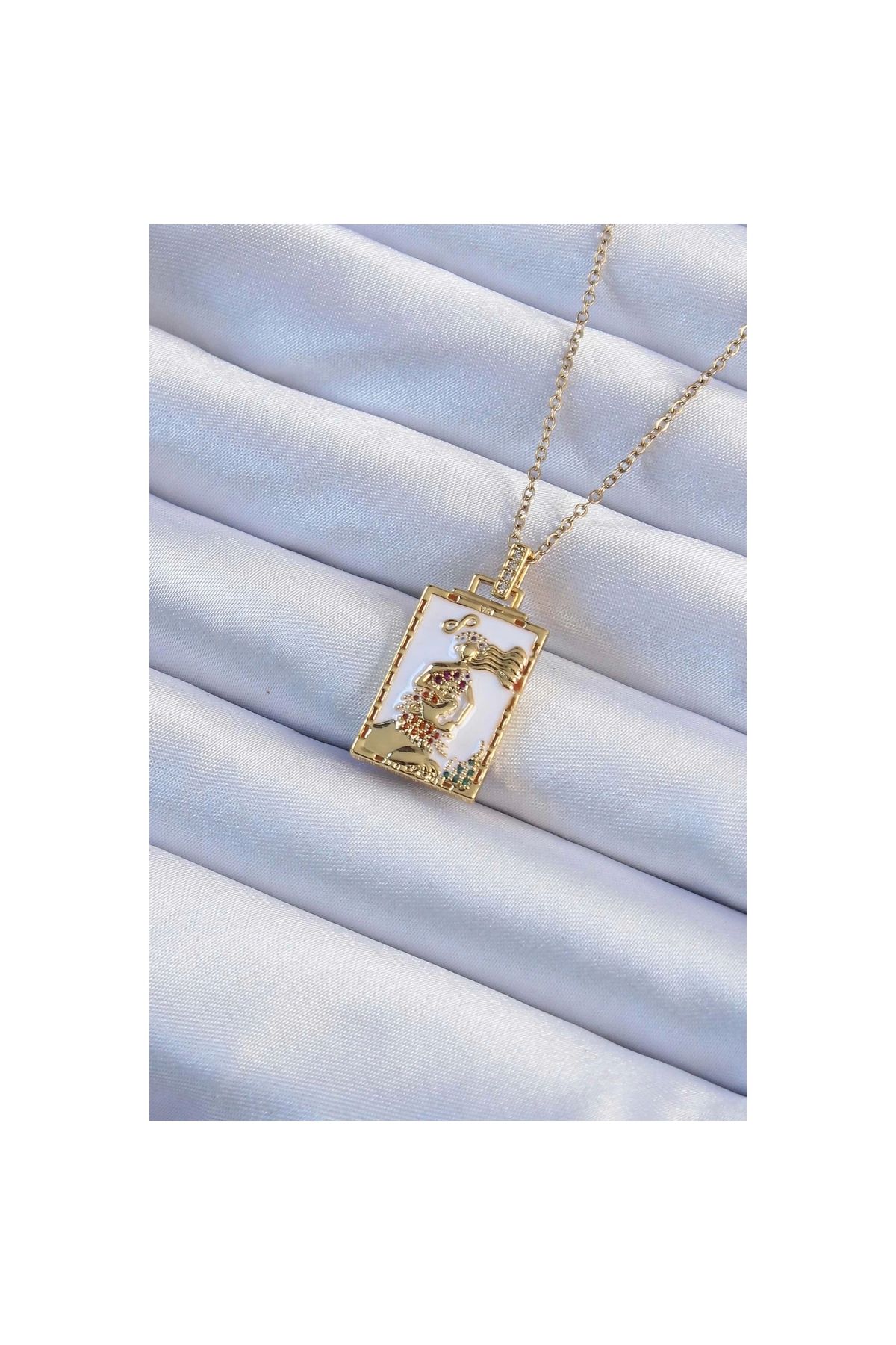 Narnuga 316L Çelik Zincir Altın Renk Beyaz Mineli Tarot Kolye - TJ-BKO9249