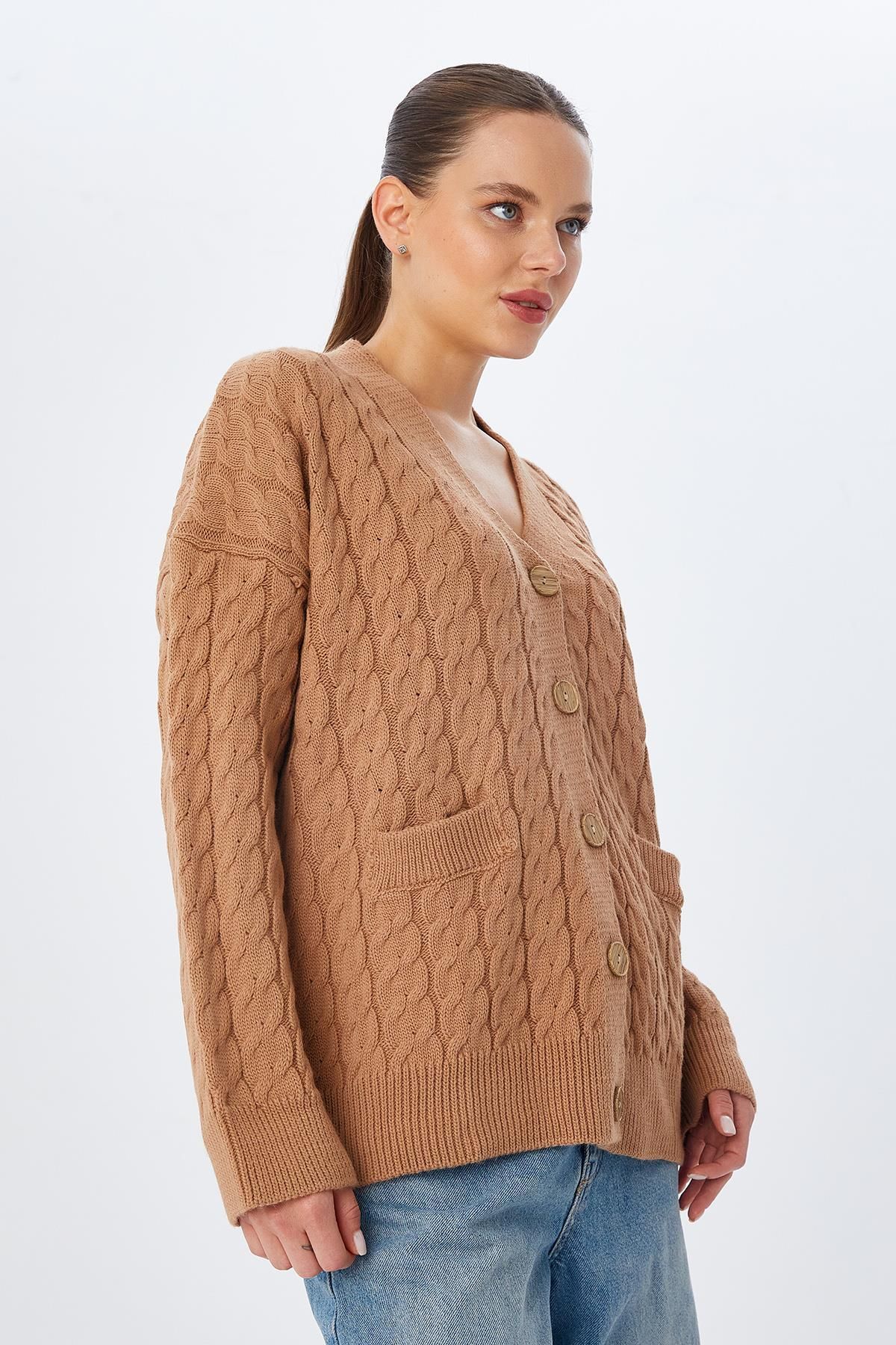 Mixray-6823 Model Camel Women's Knitwear Cardigan - Hair Braided and Pocketed 5