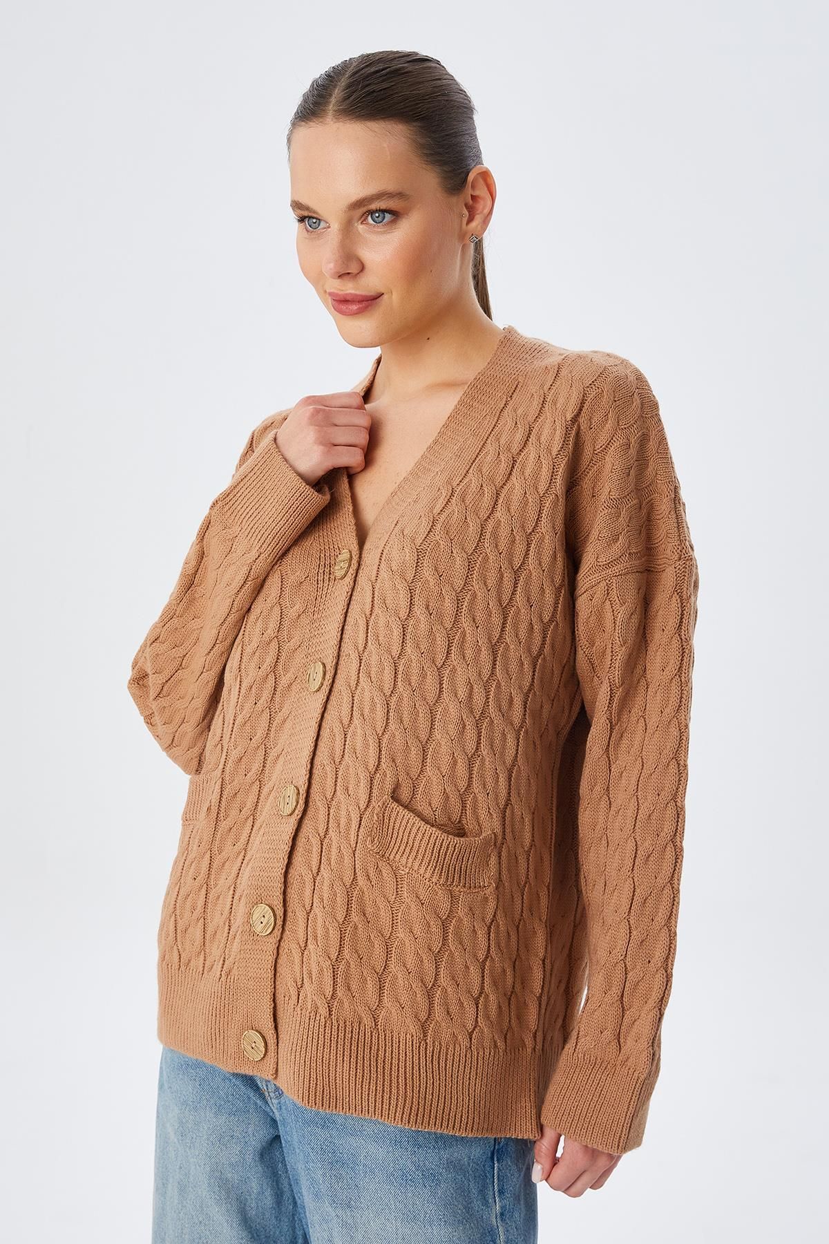 Mixray-6823 Model Camel Women's Knitwear Cardigan - Hair Braided and Pocketed 2