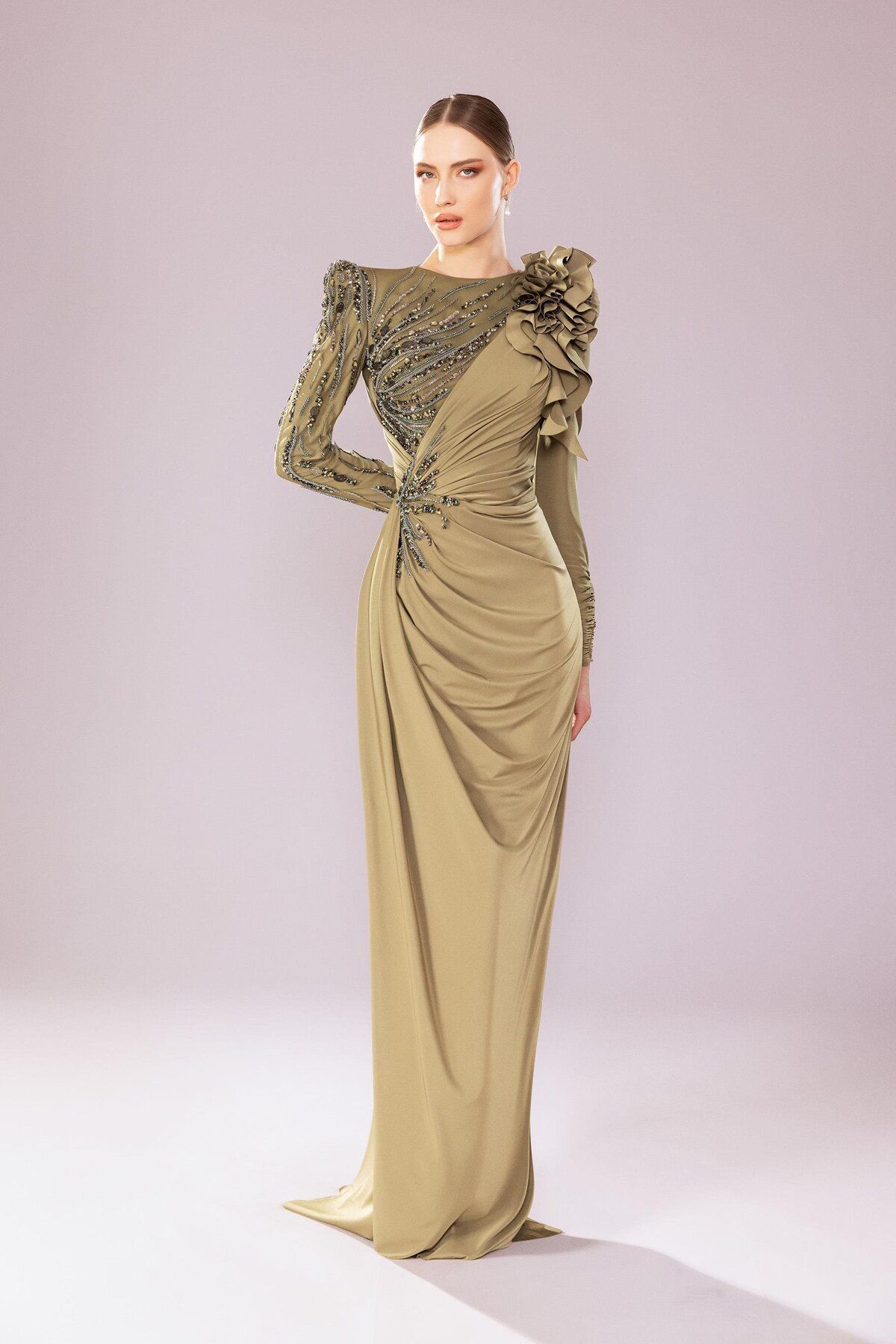 Katre-Long Sleeve and Embroidered Draped Hijab Kenzel Evening Dress 2