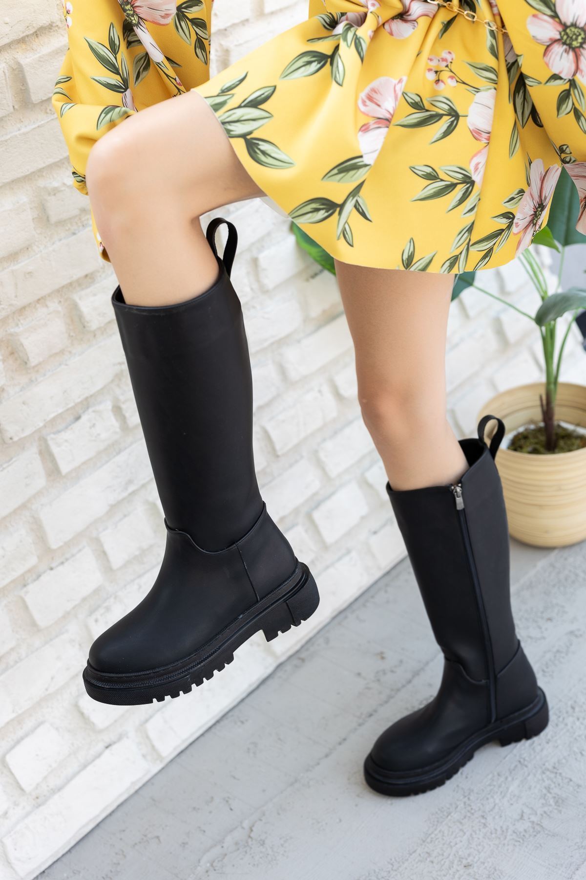 GOFFSHOES Kadın Kimber Kalın Taban Diz Altı Deri Çizme - Siyah görsel 3
