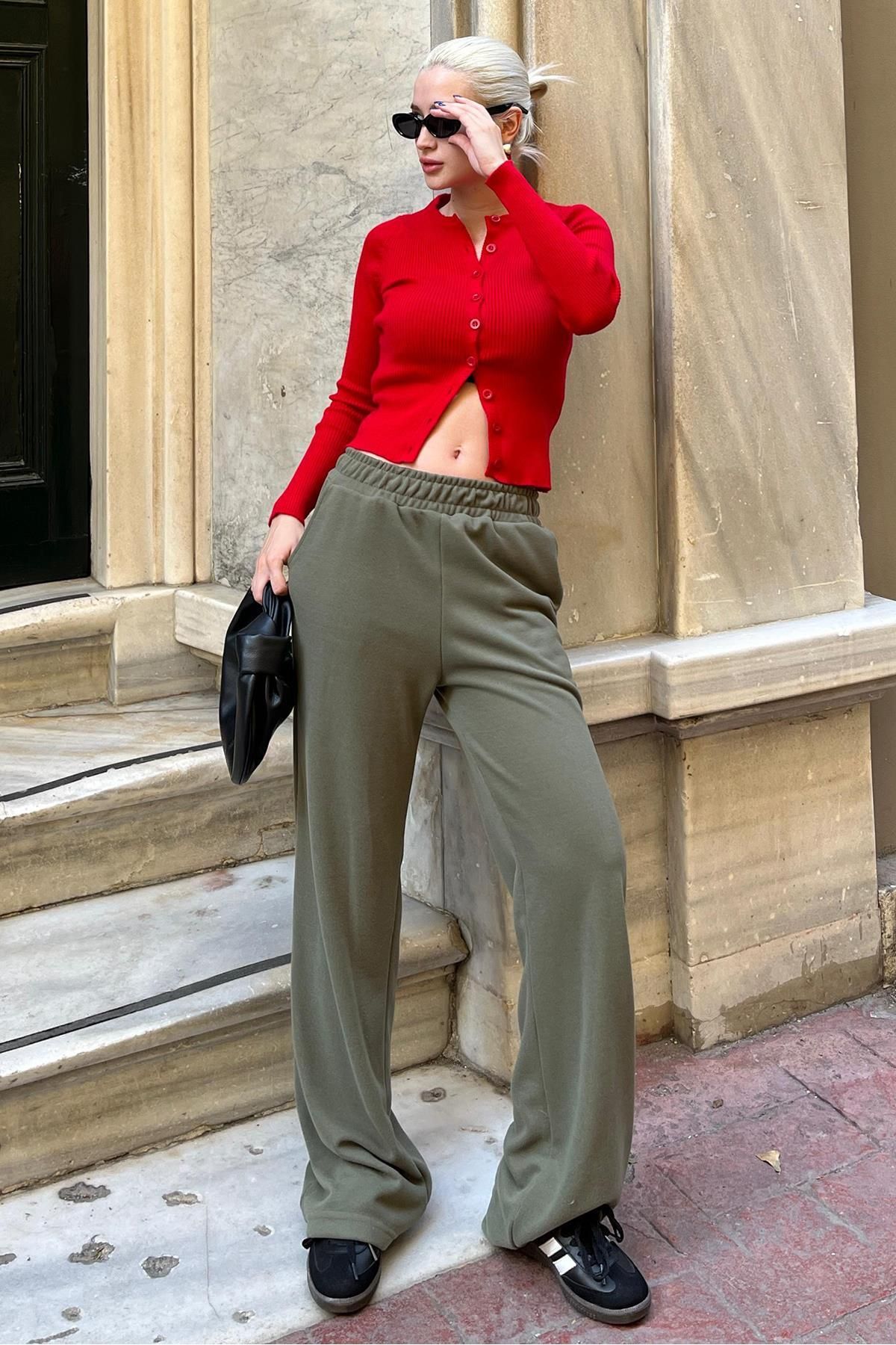 Madmext-Khaki Elastic Waist High Waist Spanish Leg Knitwear Trousers Mg2211 2