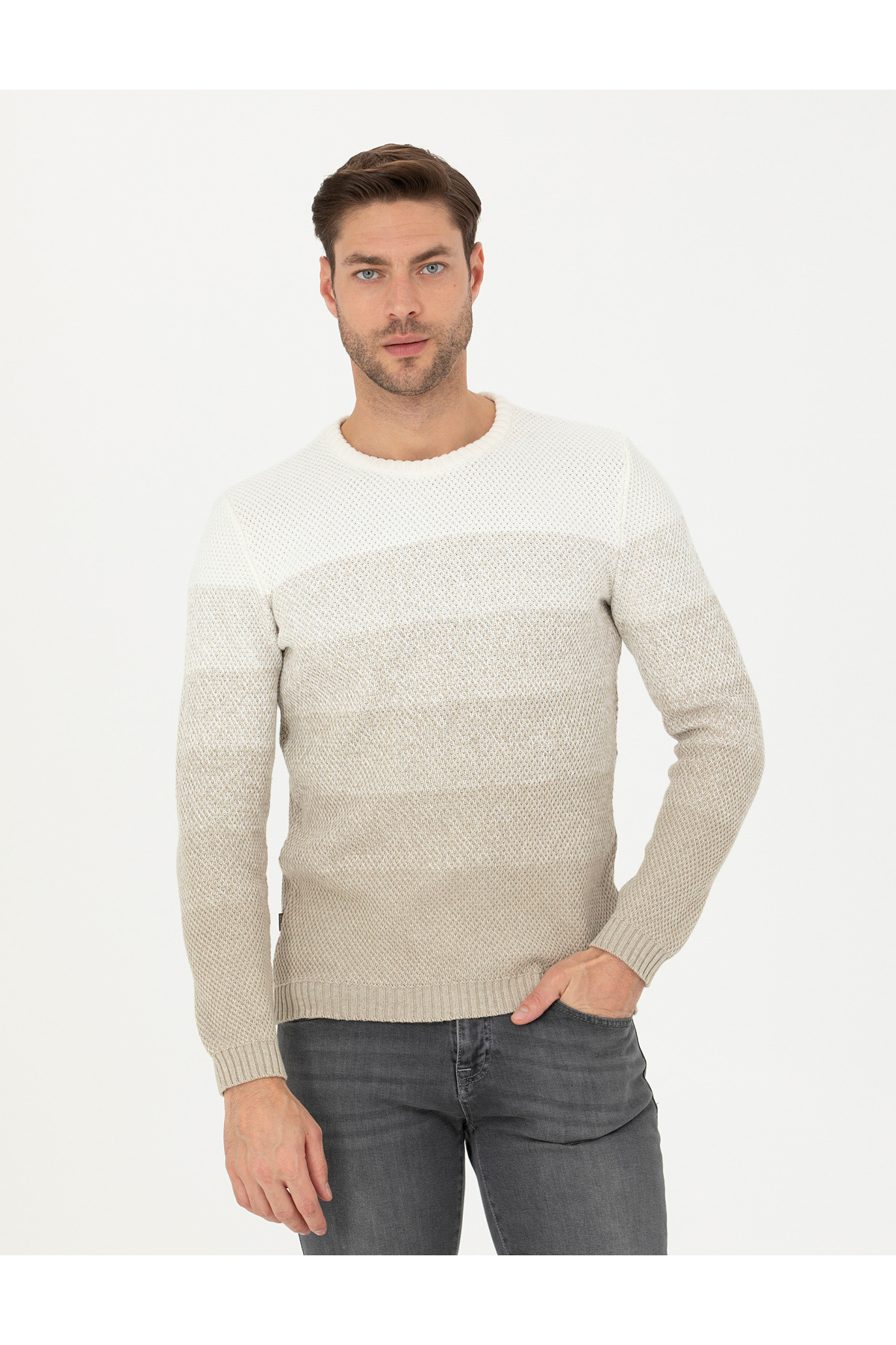 پیر کاردین ژاکت بافتنی Sand Melange Slim Fit Crew یقه بافتنی 50278085-VR123
