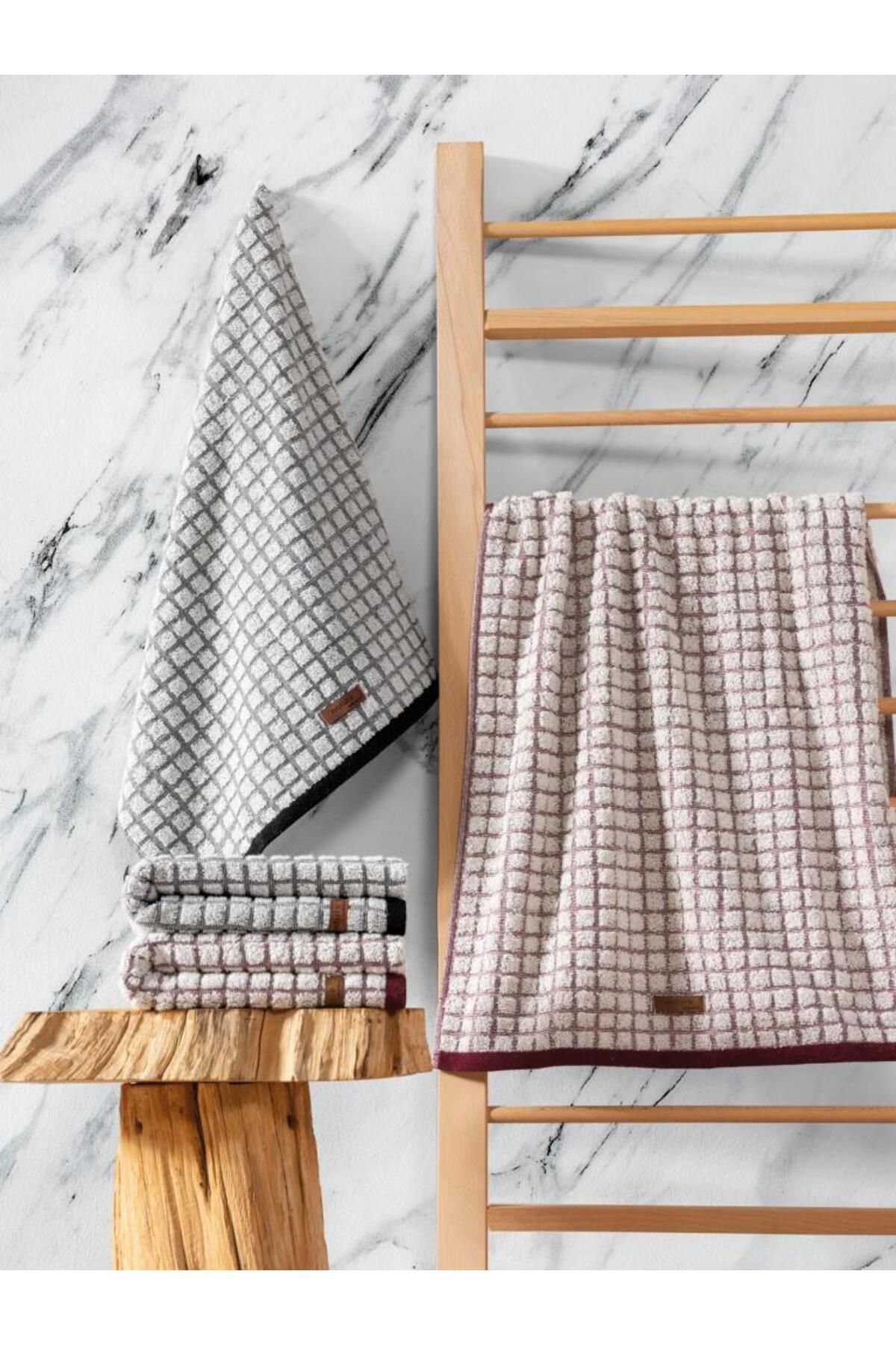 OEM Jakarlı 50x90 4'lü Havlu Seti Nature Bordo Siyah