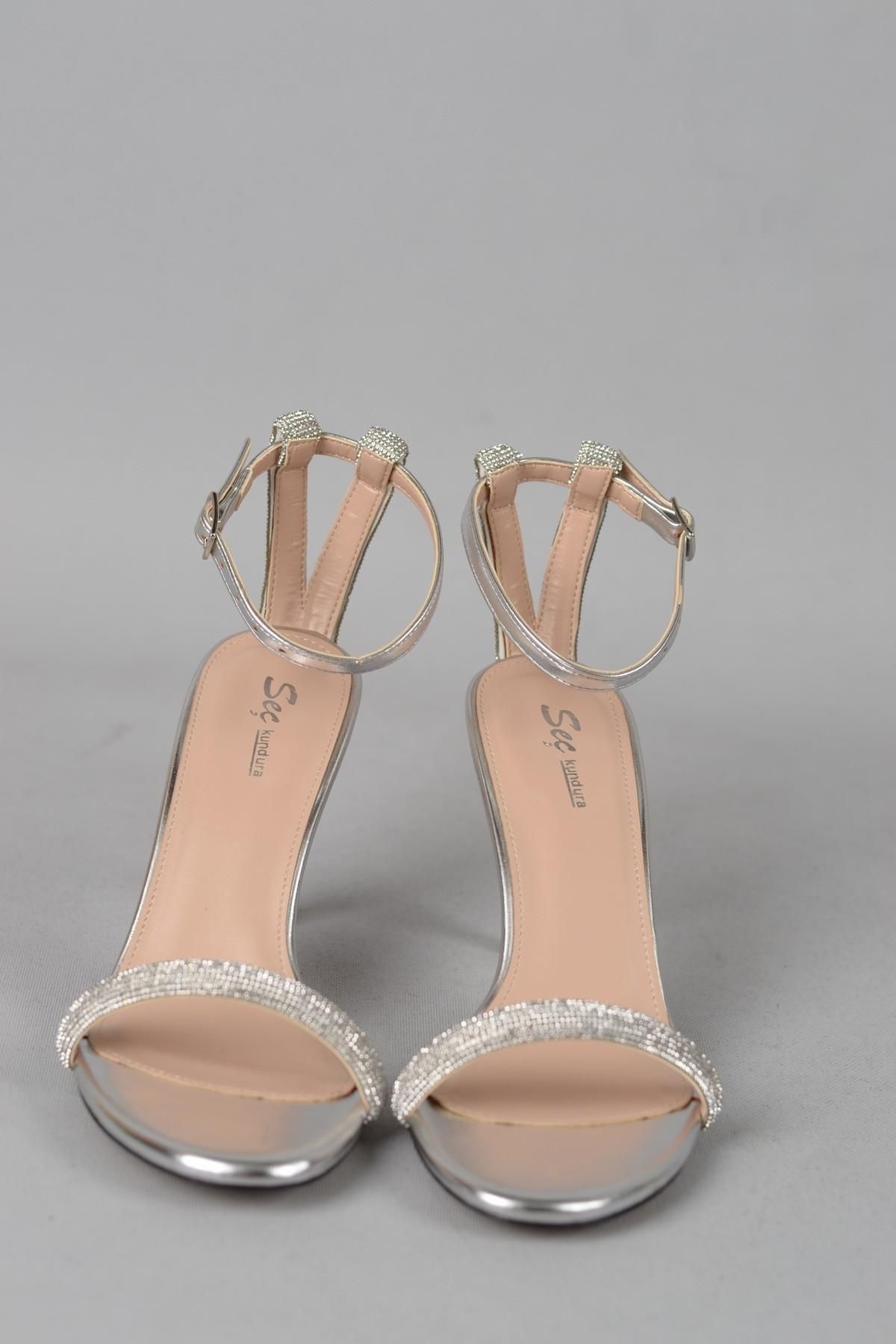 SEÇ KUNDURA-Seç 829 Special Production - Silver Evening Dress Shoes with Stone Detail (10cm) 2
