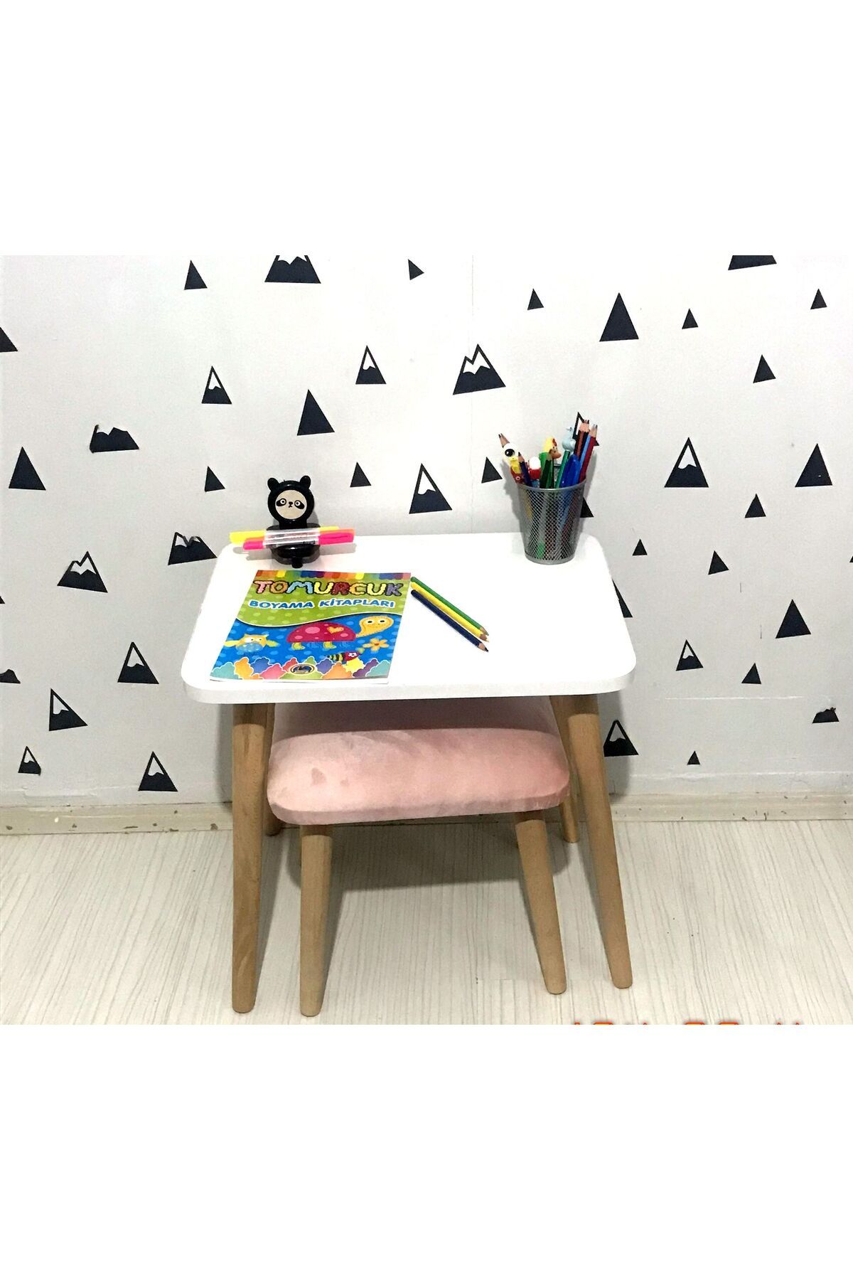 EKOÇ WOOD DESİNG Owen Tweety Çoçuk Çalışma Masası Montessori 1 Adet Puf Takımı,etkinlik Masası, Aktivite Masası