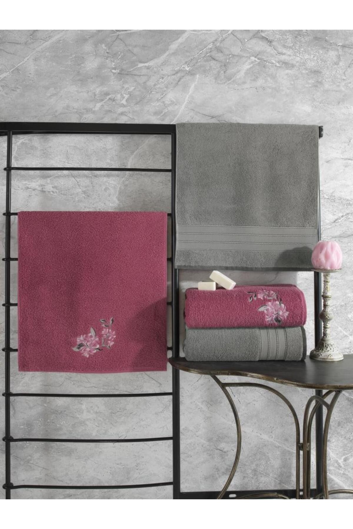 OEM Colorful %100 Pamuk Hamam Havlu Seti Gri Pembe