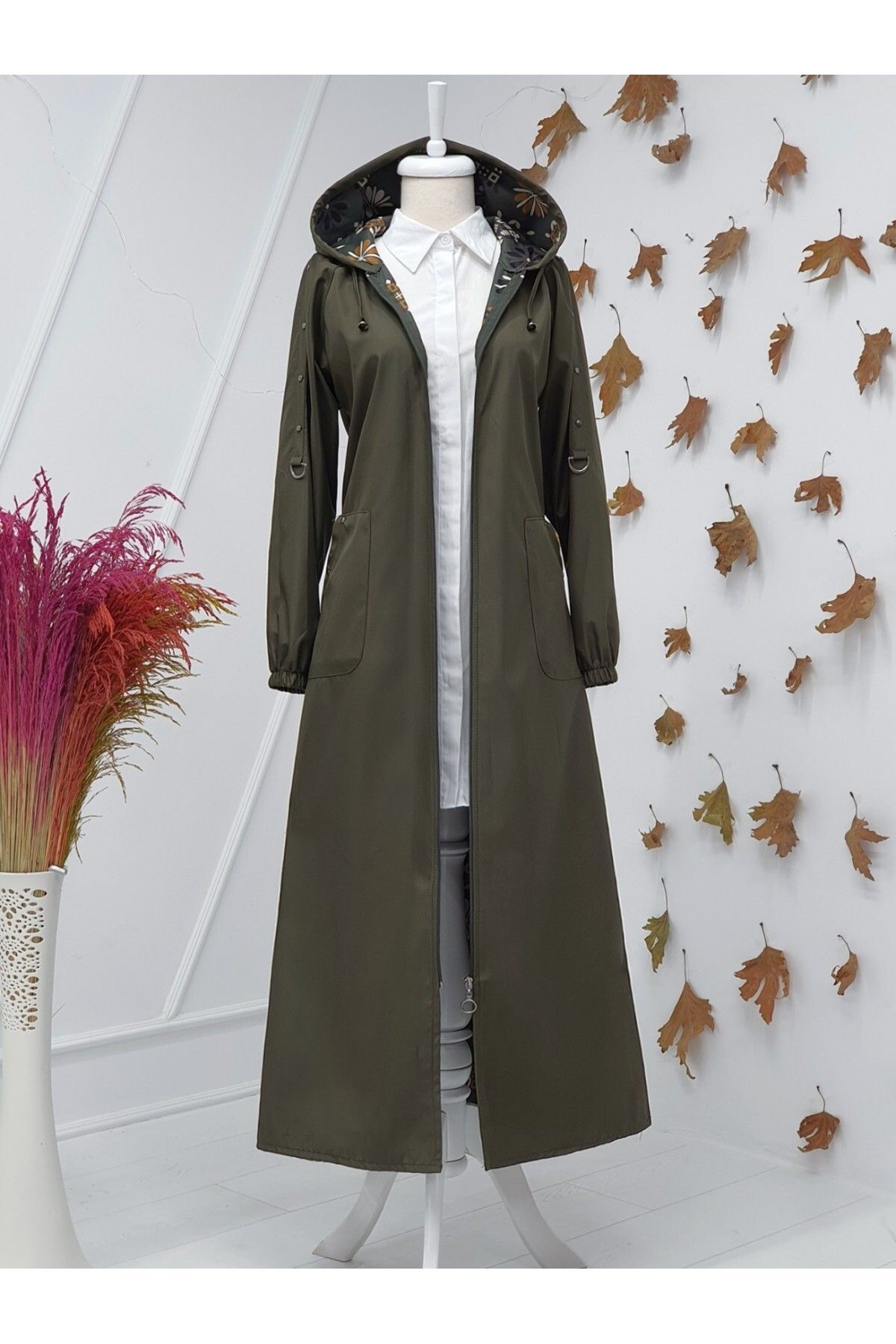Modamorfo-Detaillierter Trenchcoat mit Reißverschluss und Kapuze aus Metall – Khaki 2