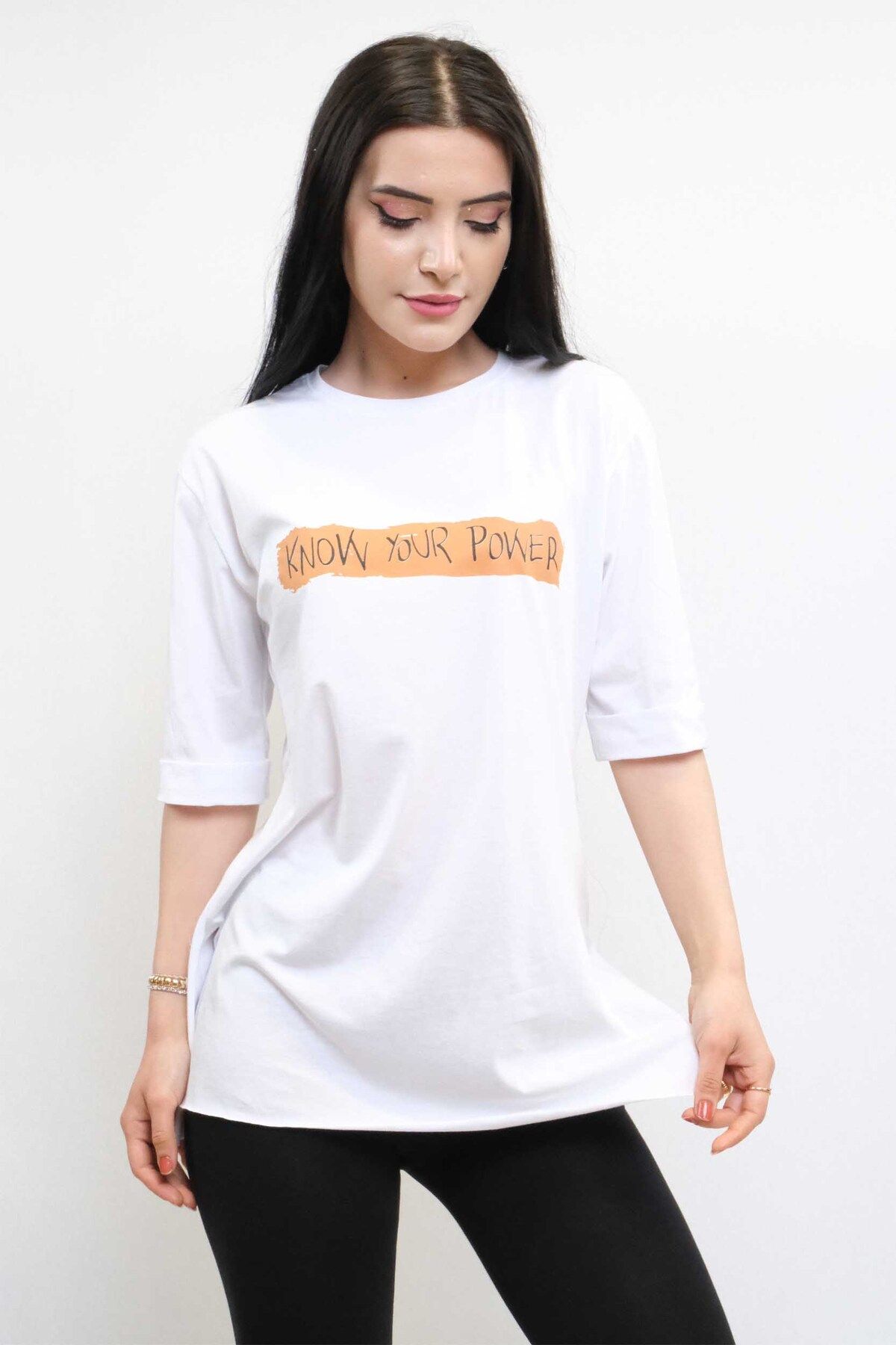 COXO Fashion`S Moda Çizgi Crew Neck Oversize Tshirt White