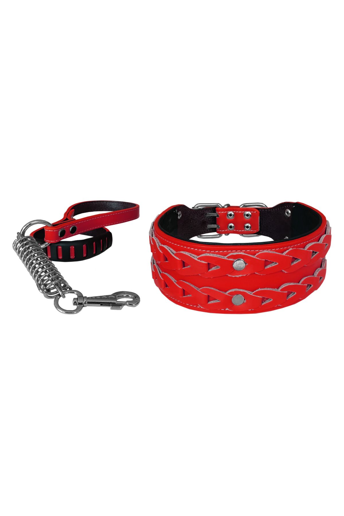 Angoravi Deri İşlemeli Lüks Köpek Tasma Seti XL 7 cm*60-68 cm Kırmızı