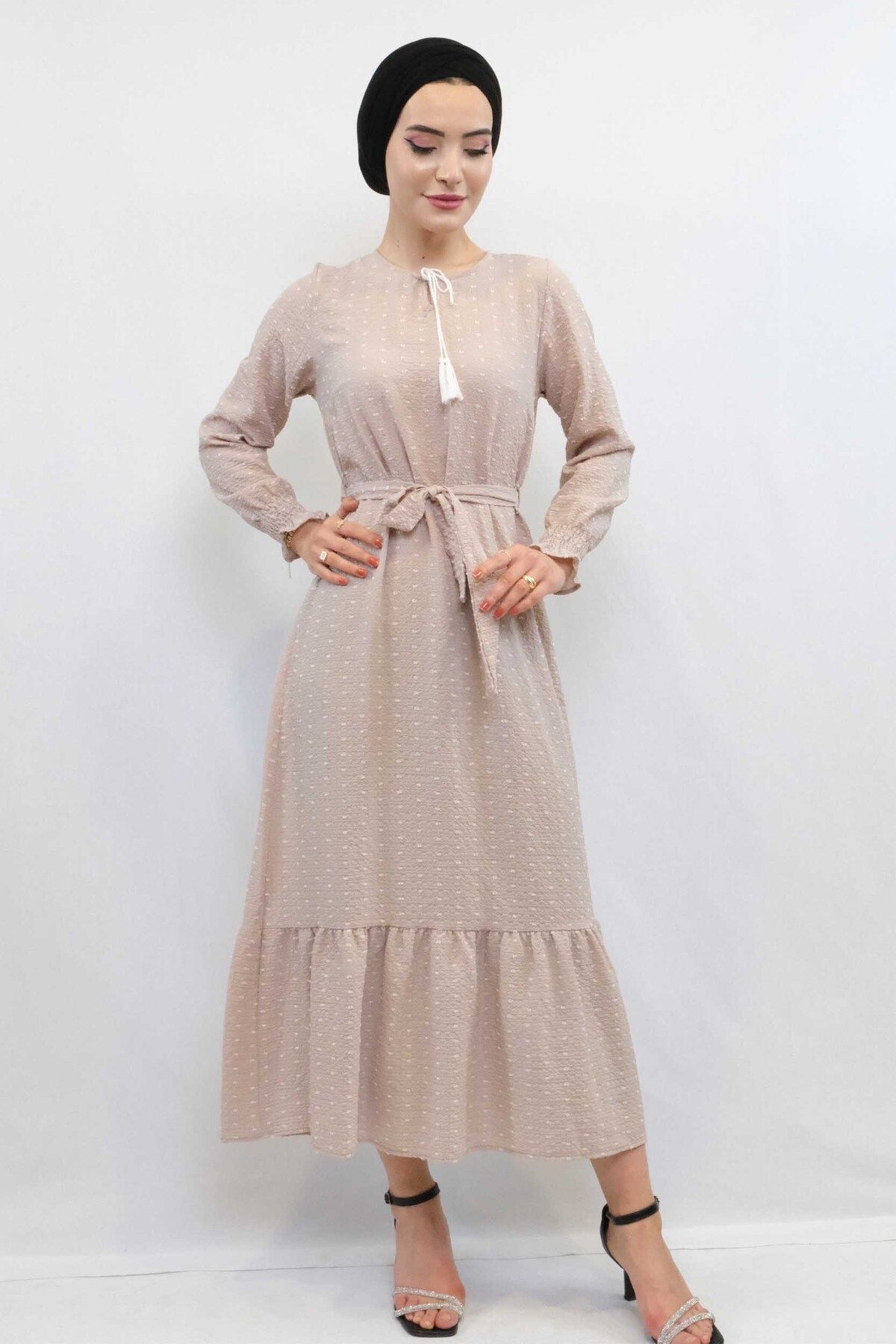 COXO Fashion`S Moda Çizgi Patchwork Dress Beige