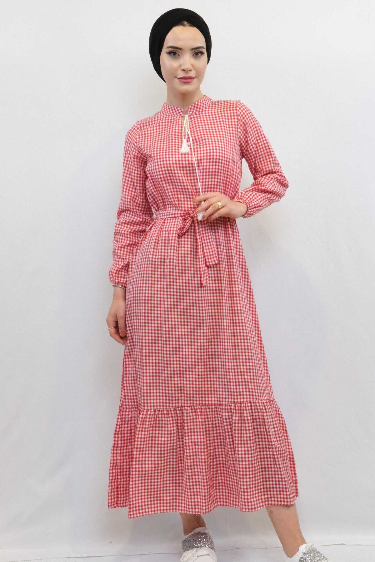 COXO Fashion`S Moda Çizgi Plaid Dress Red