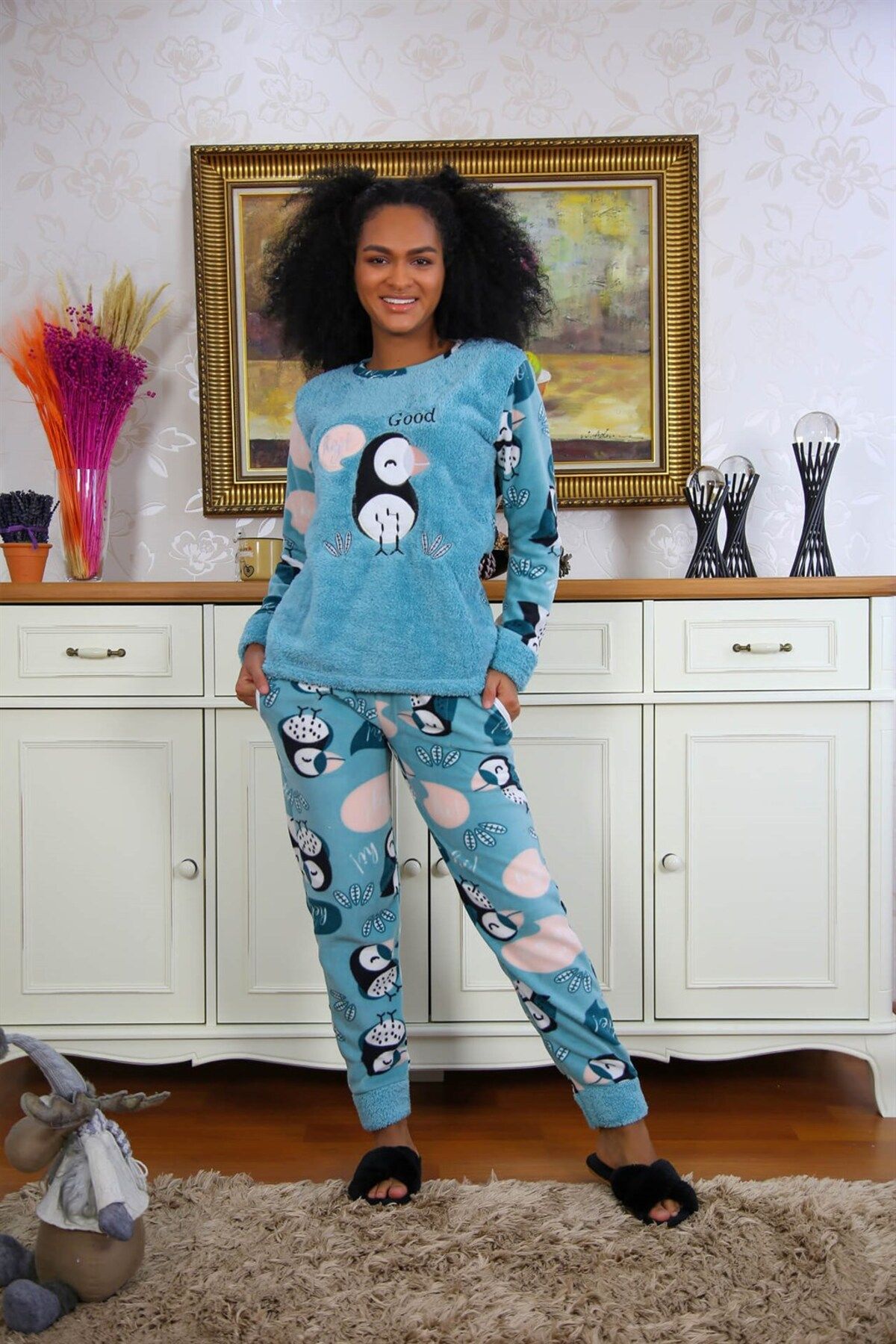 COXO Fashion`S Moda Çizgi Welsoft Polar Women's Pajama Set 8501