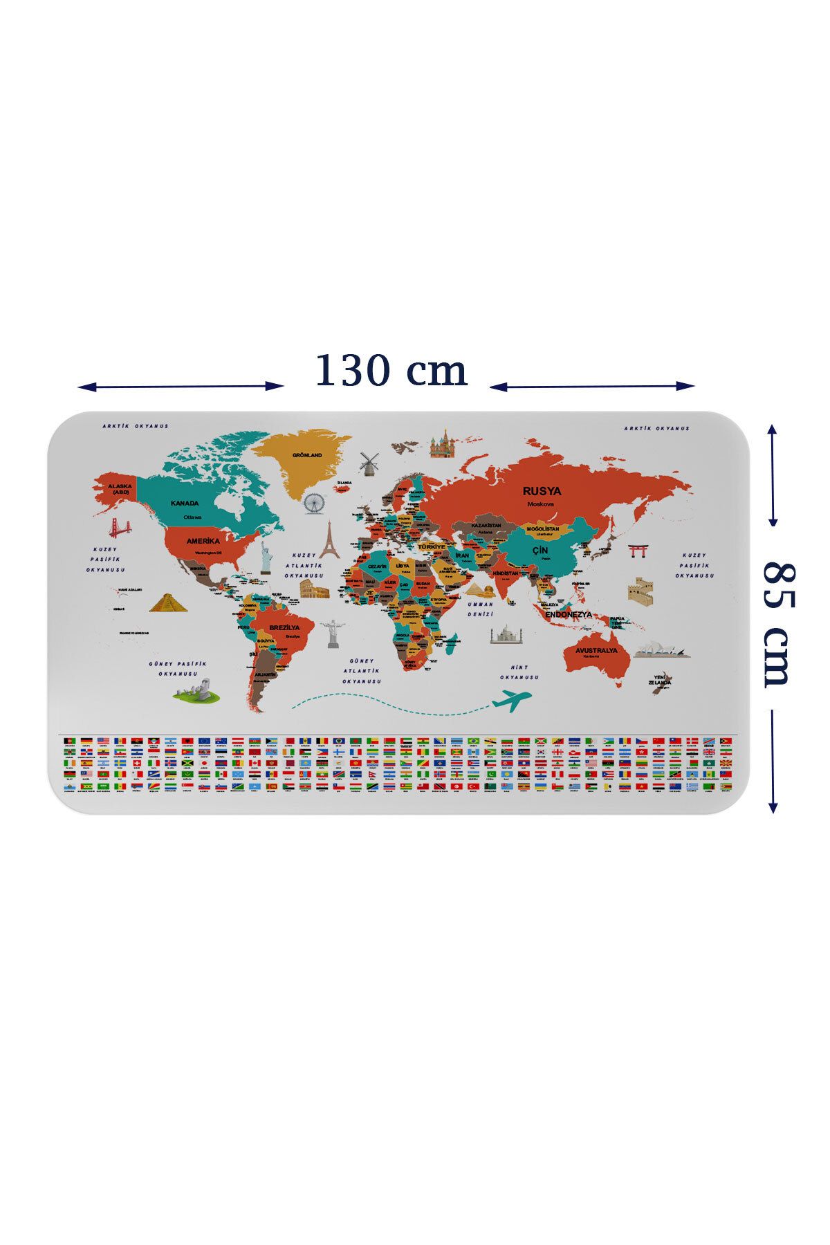 Haye Collection Türkçe Ülke Bayrak lı Eğitici Başkent Detaylı Atlası Dünya Haritası Duvar Sticker-85x130-3858