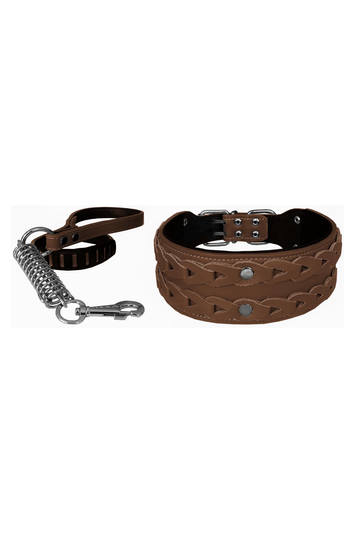 Angoravi Deri İşlemeli Lüks Köpek Tasma Seti XL 7 cm*60-68 cm Kahverengi