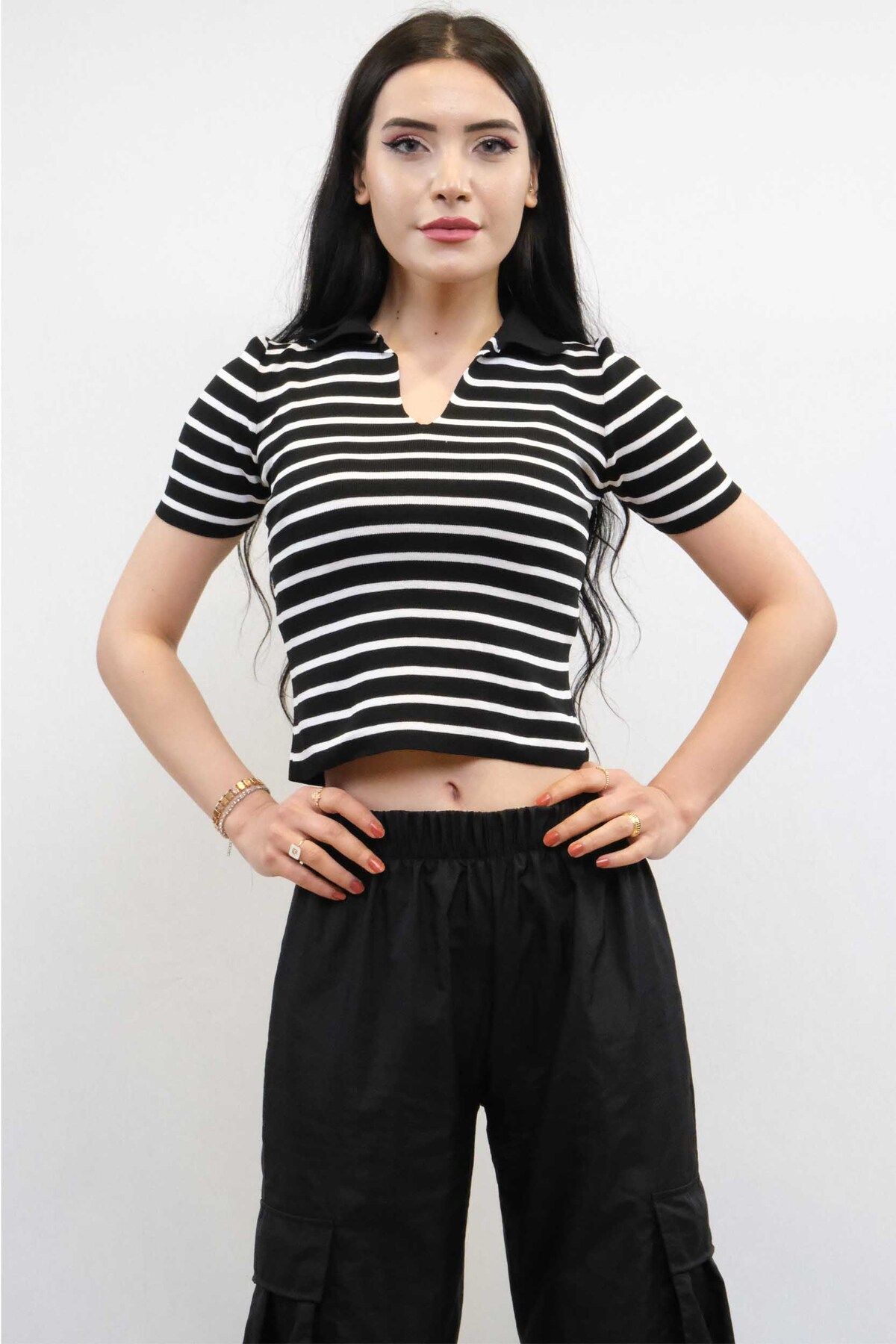 COXO Fashion`S Shirt Collar Striped Knitwear Blouse Black