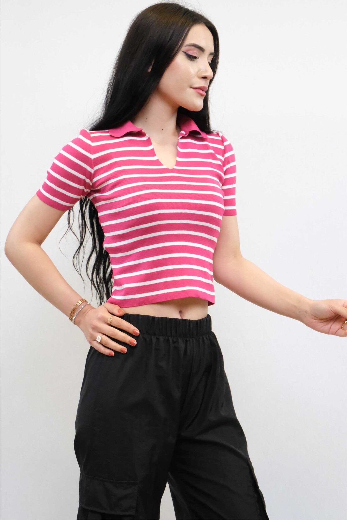 COXO Fashion`S Shirt Collar Striped Knitwear Blouse Pink