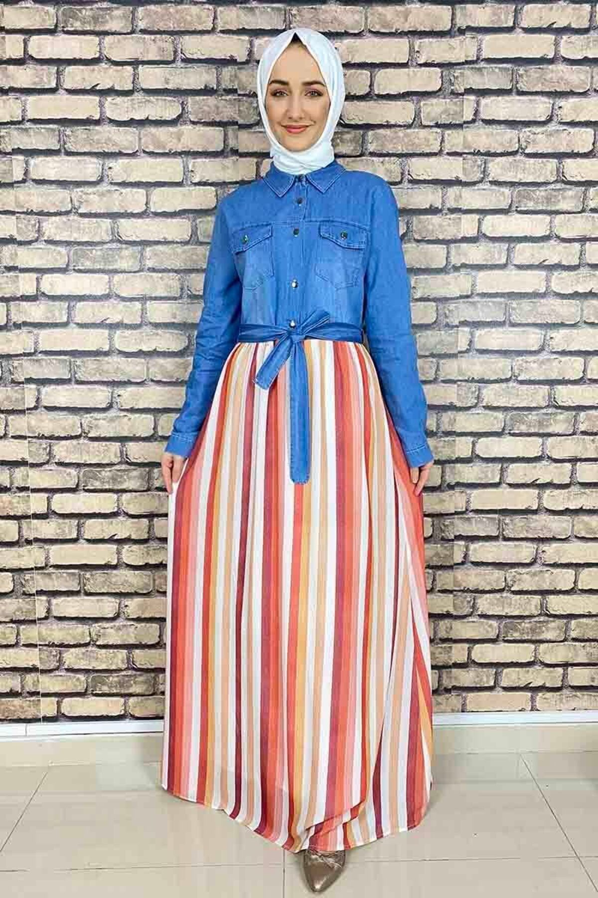 COXO Fashion`S Moda Çizgi Hijab Dress