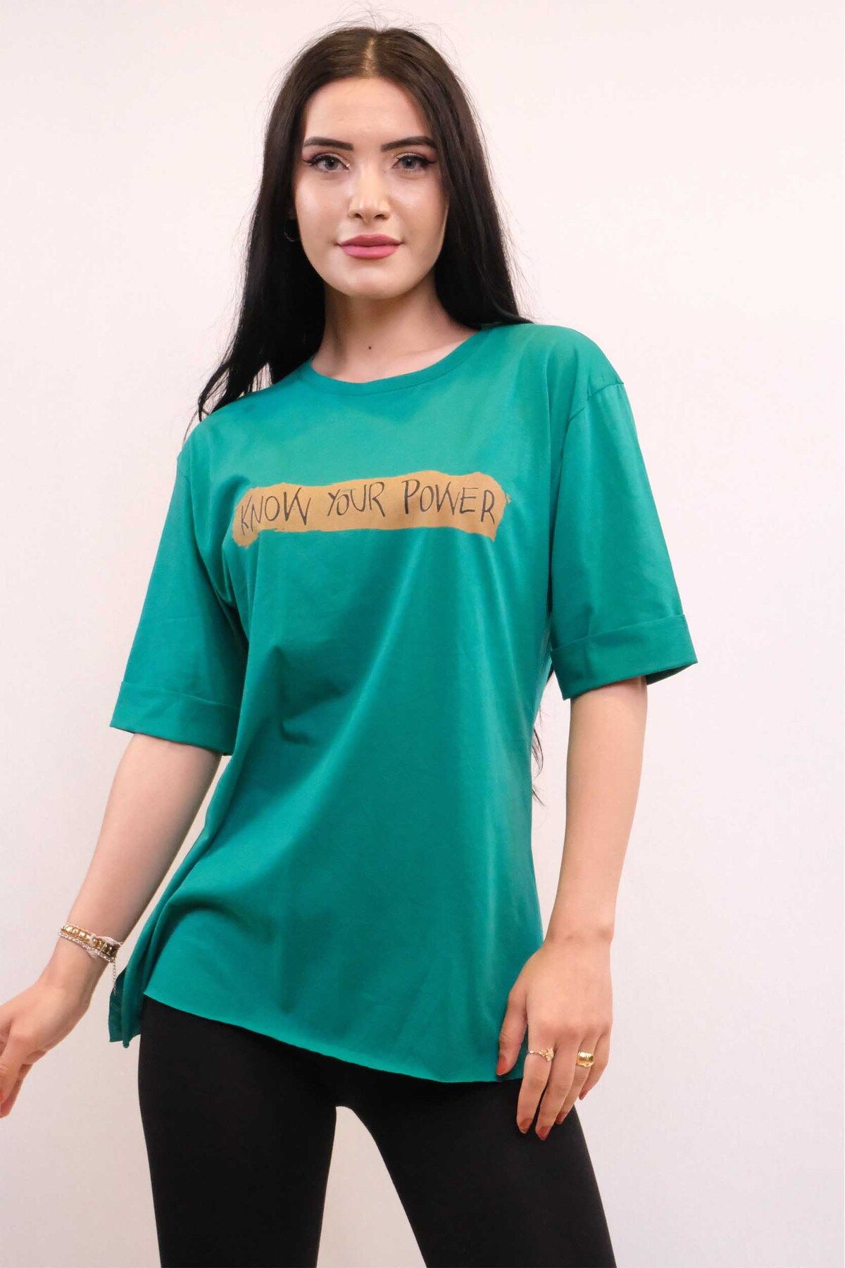 COXO Fashion`S Moda Çizgi Crew Neck Oversize Tshirt Green