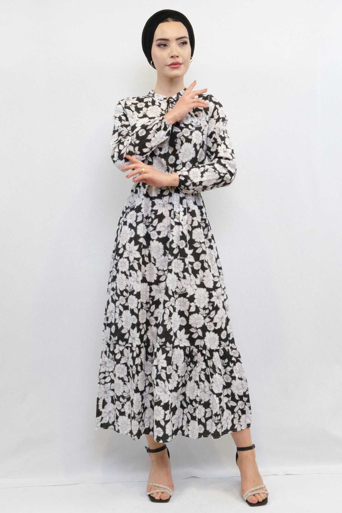 COXO Fashion`S Moda Çizgi Floral Pattern Pleated Dress Black