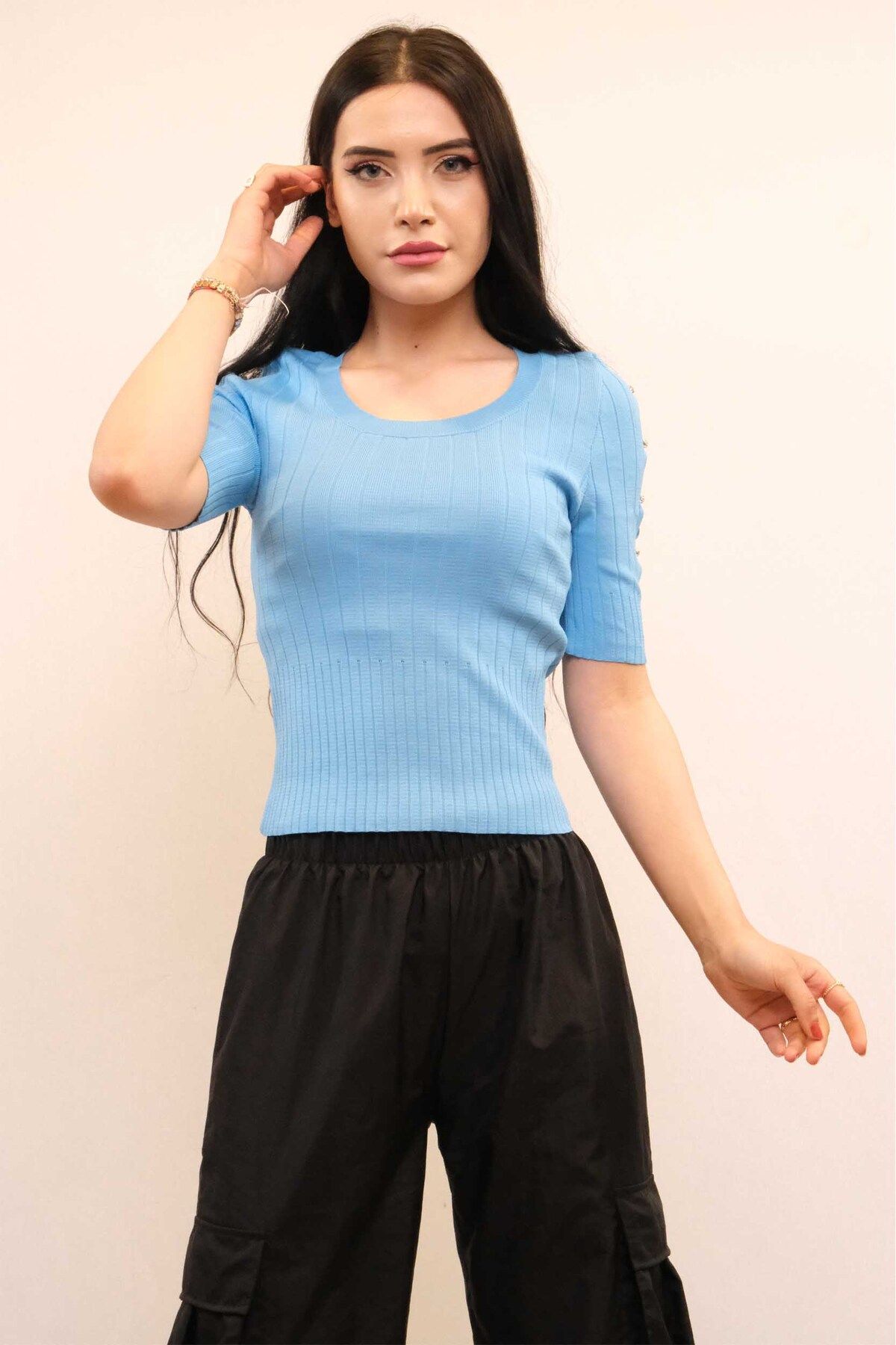COXO Fashion`S Moda Çizgi Kolları Taşlı Triko Bluz Mavi
