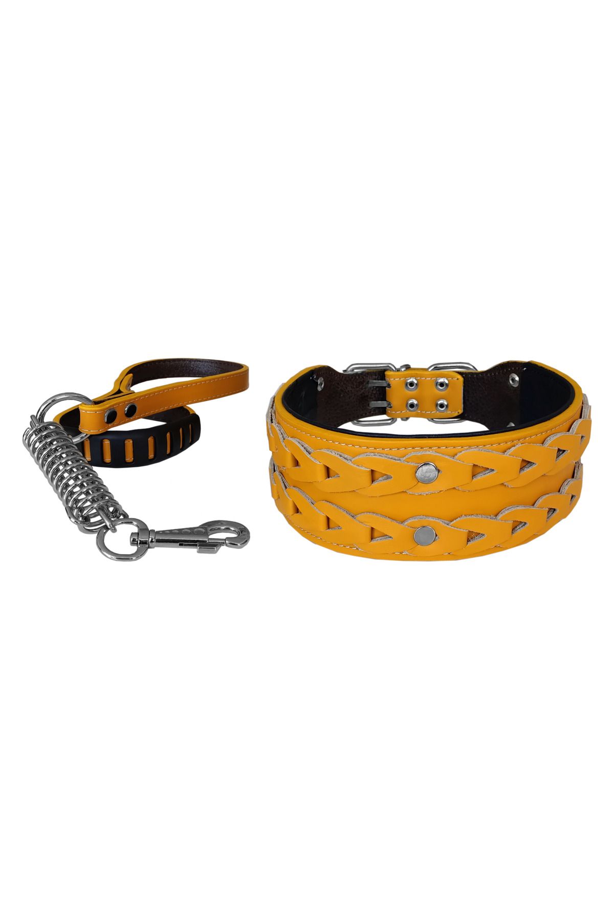 Angoravi Deri İşlemeli Lüks Köpek Tasma Seti XL 7 cm*60-68 cm Sarı