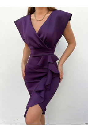 EMH STORE Scuba Kumaş Önü Fırfırlı Midi Boy Elbise