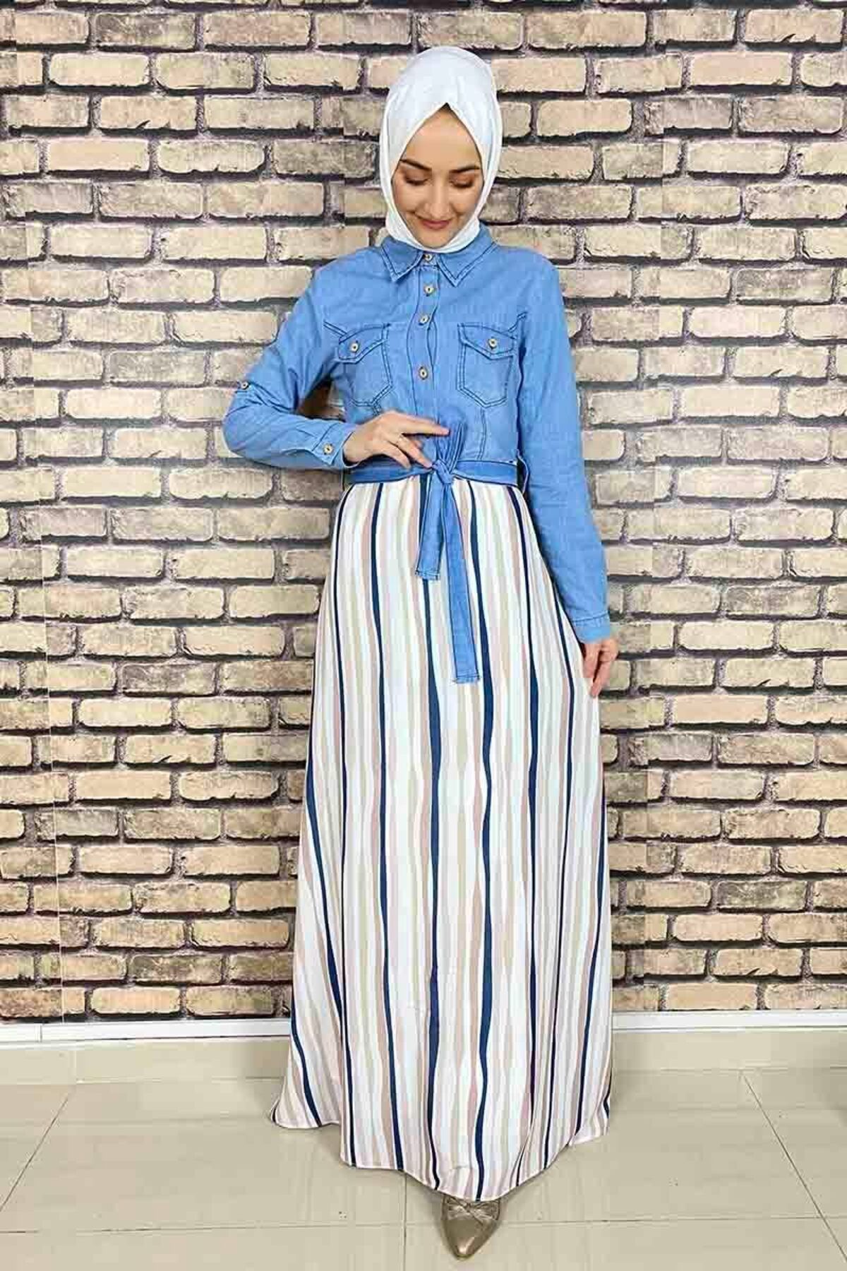 COXO Fashion`S Moda Çizgi Hijab Dress