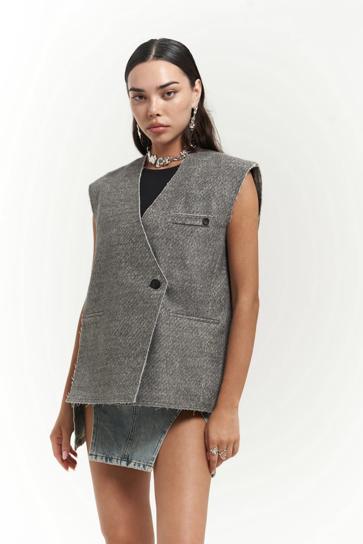 MAİ COLLECTİON-Faven Gray Side Slit Detail Vest 1