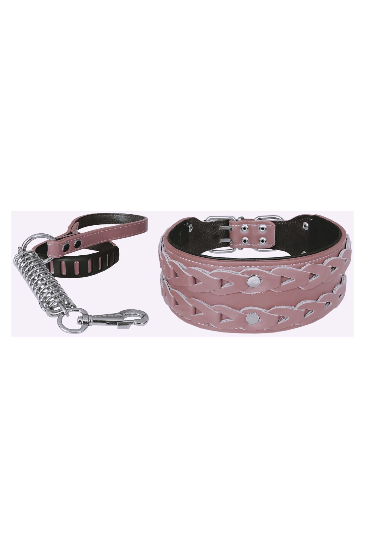 Angoravi Deri İşlemeli Lüks Köpek Tasma Seti XL 7 cm*60-68 cm Pudra