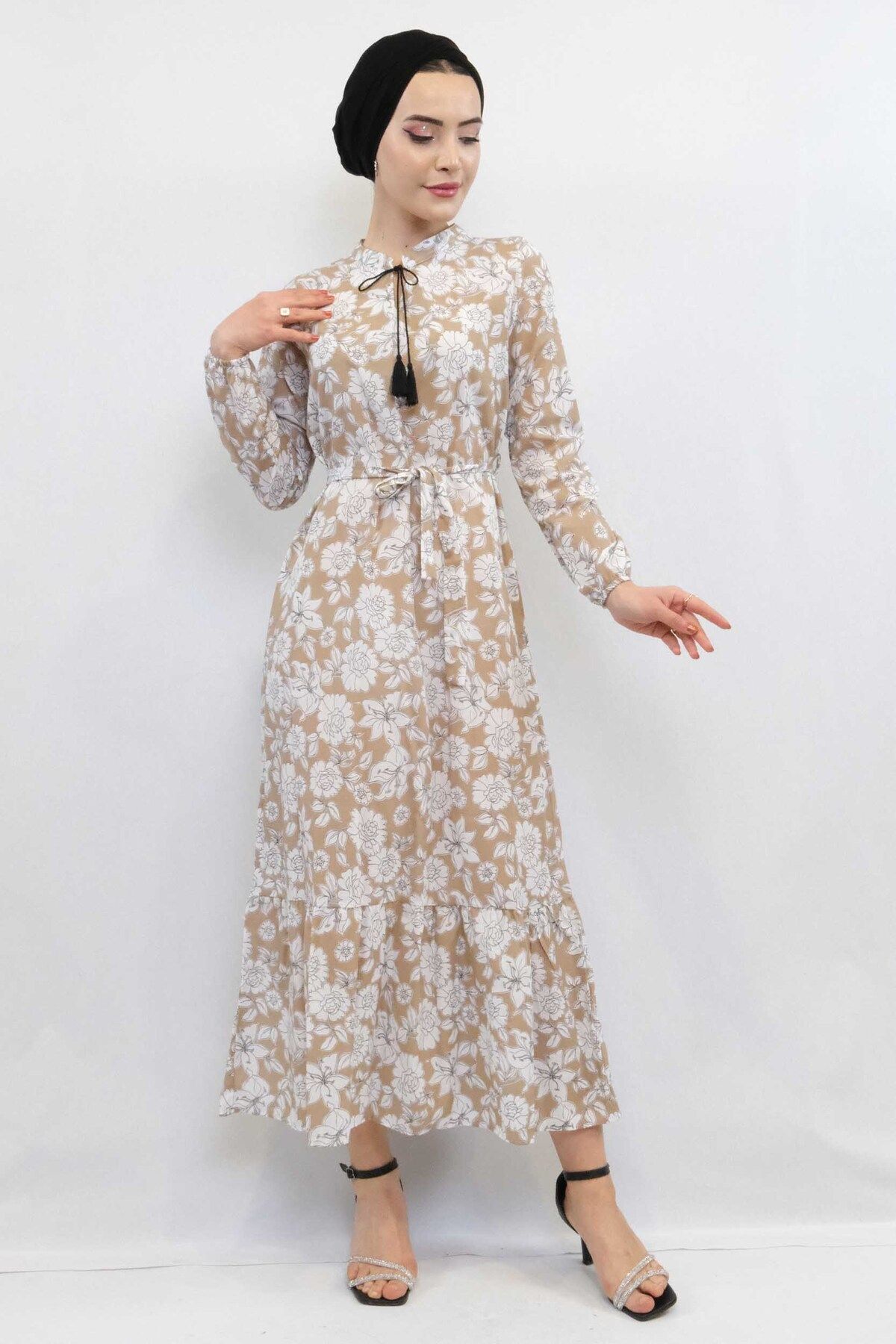 COXO Fashion`S Moda Çizgi Floral Pattern Pleated Dress Beige