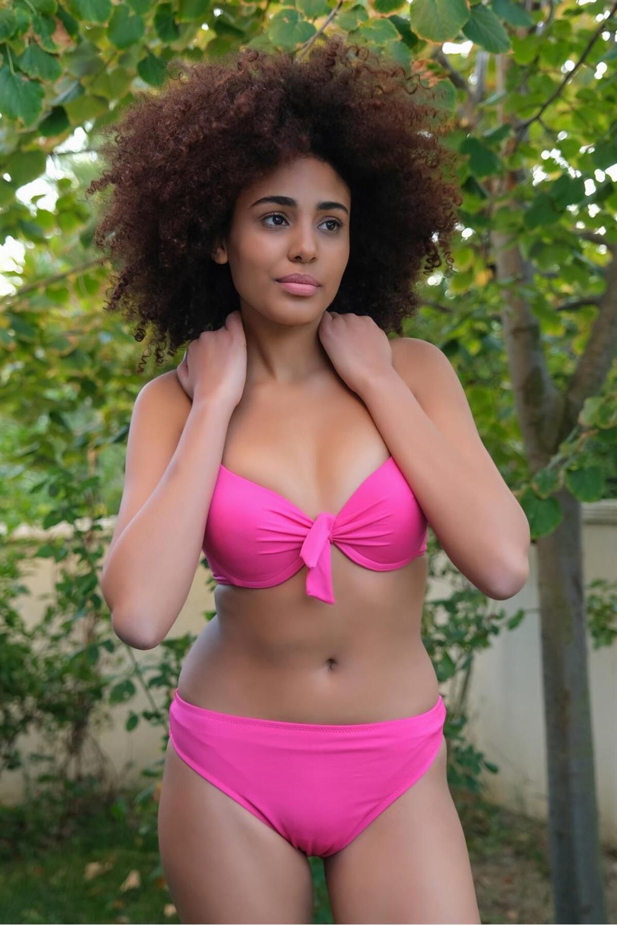 COXO Çizgi Women's Padded Bow Bottom Top Fuchsia Bikini Set 35008