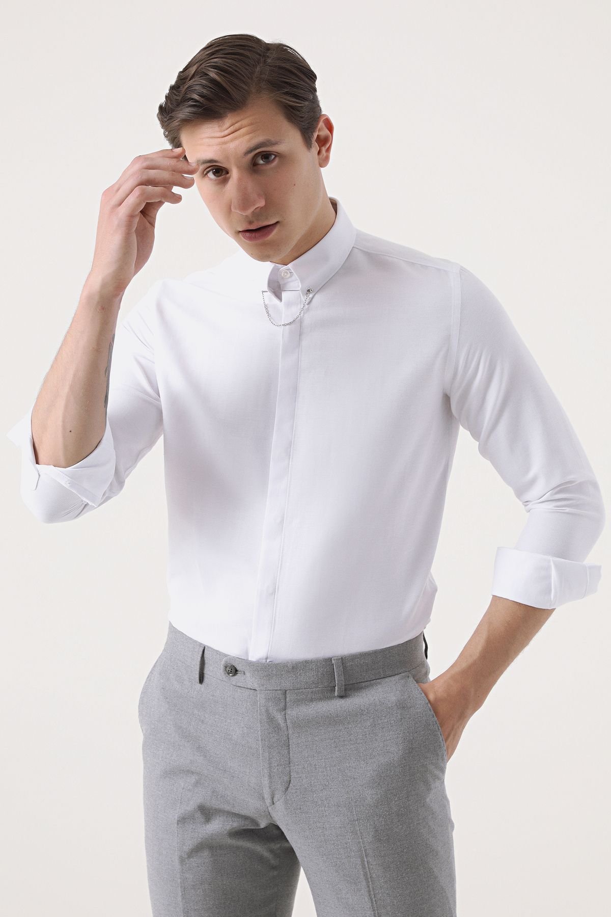 Twn Slim Fit Beyaz Armürlü Gömlek