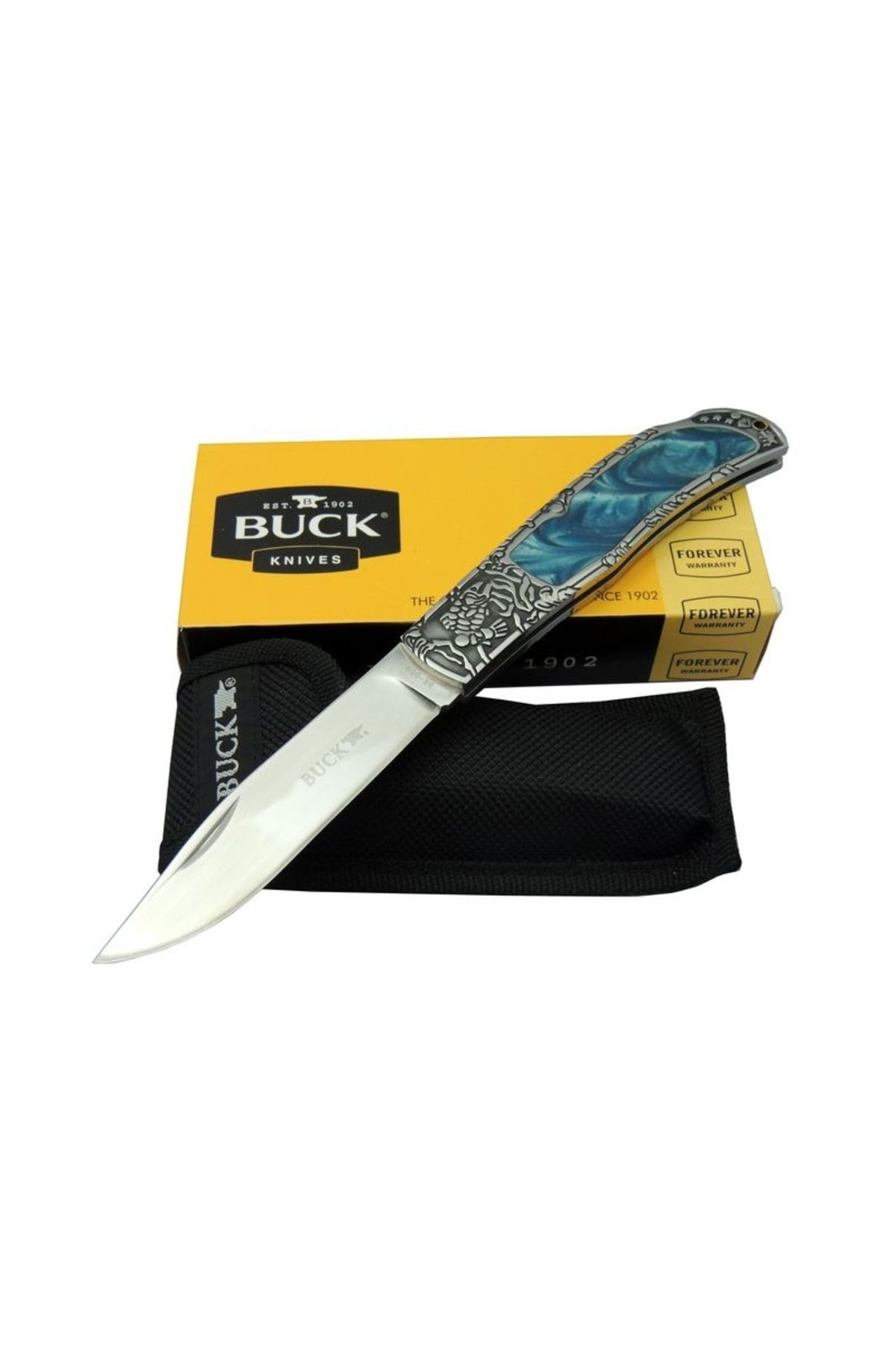 Skygo Buck Knives BK-009BL Mavi Kamp Çakı 23 cm - Sedef & Metal Saplı, Kılıflı, Kutulu