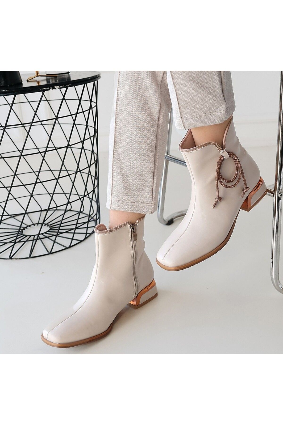 Afrodit-Beige Leather Heeled Boots 4