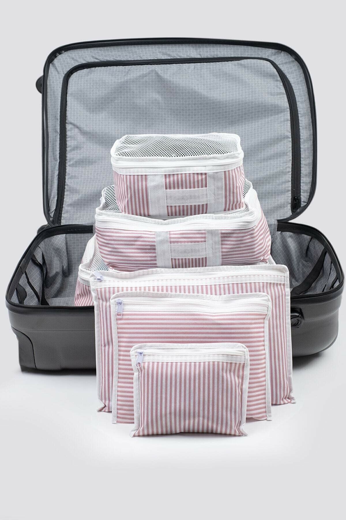 nuit dose 6 Parça Valiz Organizer Seti - Pembe Beyaz Çizgili