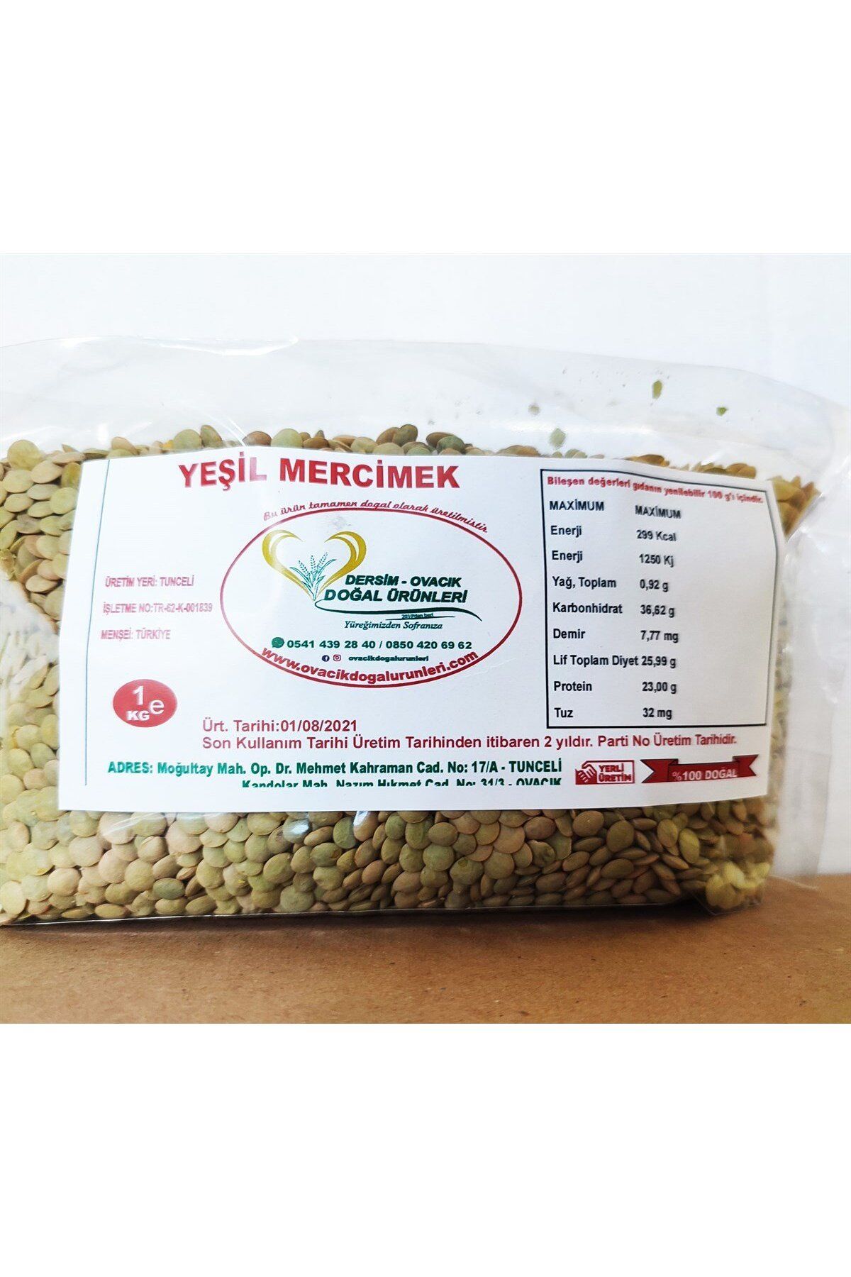 DERSİM OVACIK DOĞAL ÜRÜNLERİ OVACIK DOĞAL YEŞIL MERCIMEK(1KG)