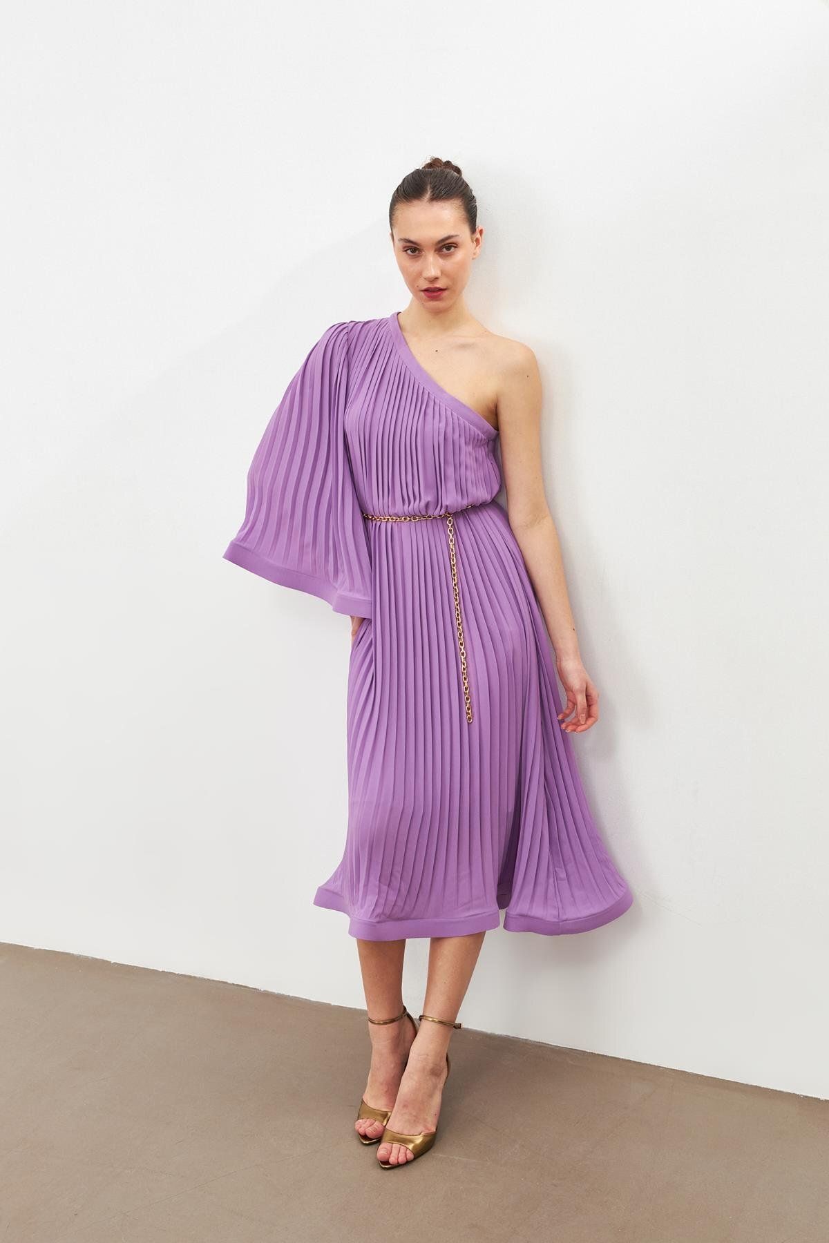 Setre-Lilac One-Shoulder Pleat Detailed Loose Dress 4