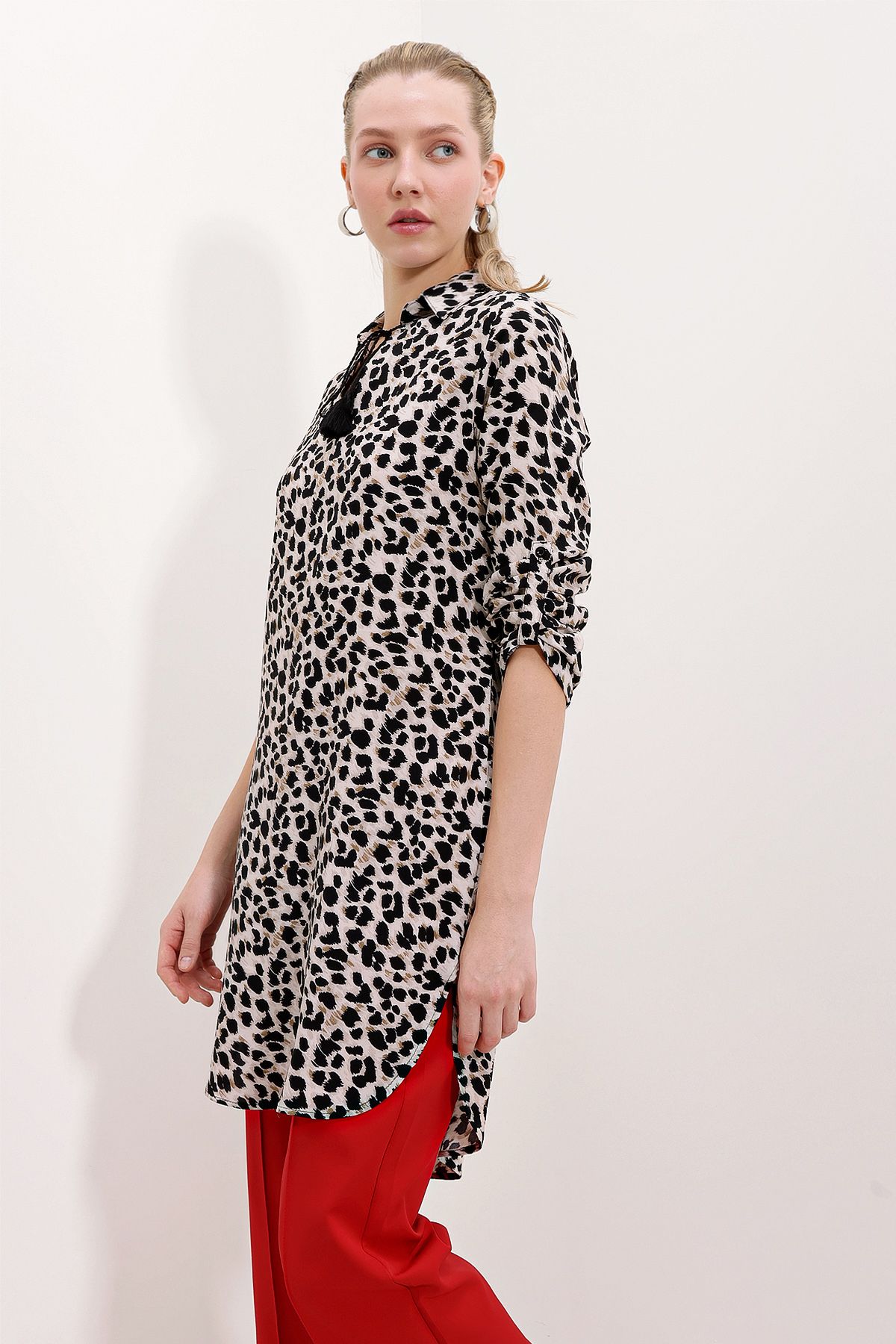 Bigdart-Ecru 5613 Model Collar Lace-up Patterned Tunic 2