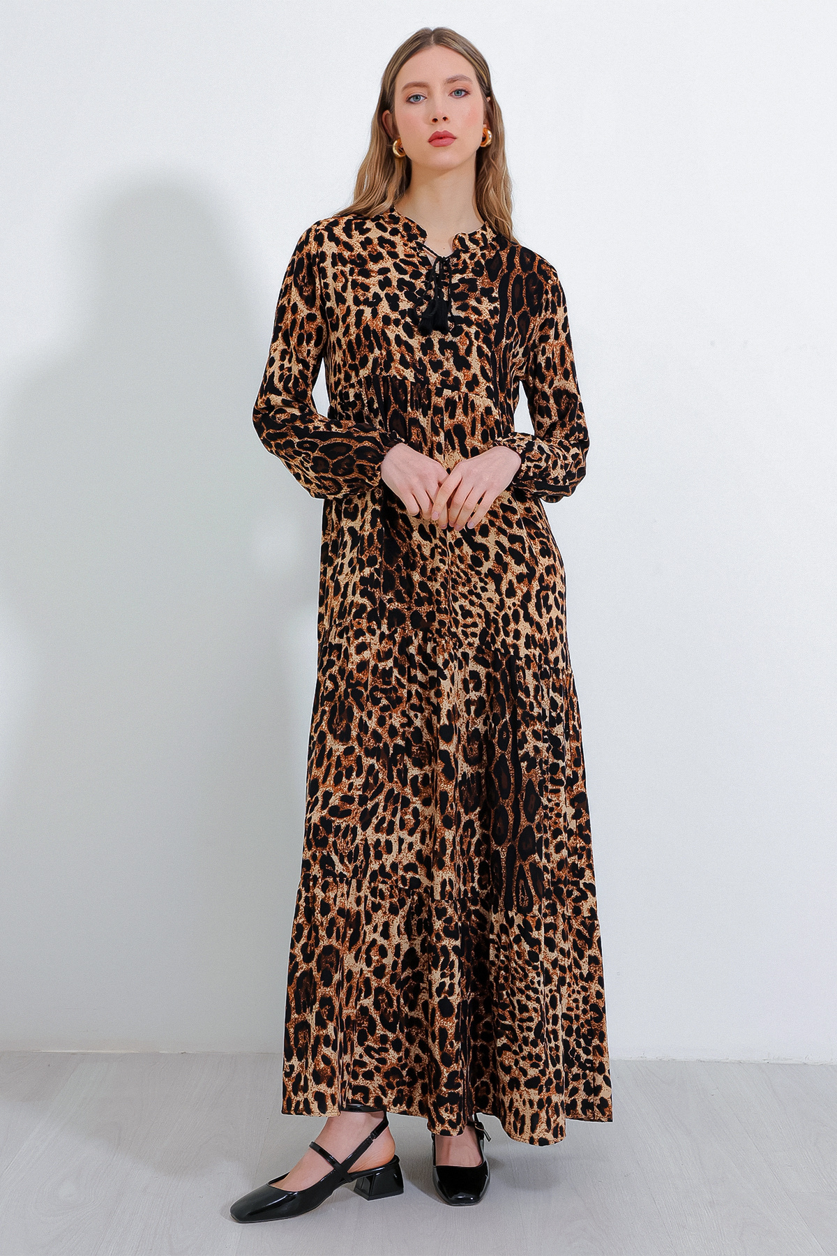 Bigdart-Viscose Length Hijab Dress - Brown Beige Neckline, Lace-Up, 1627 1
